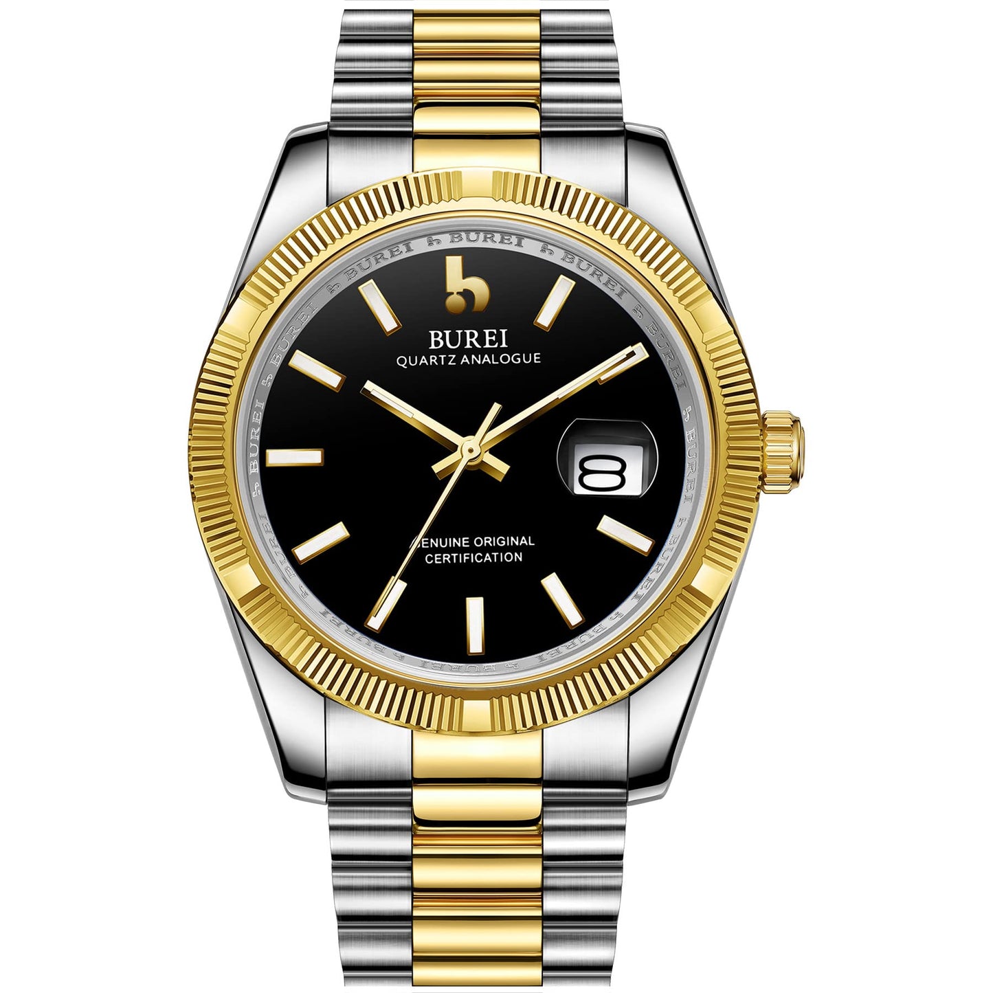 BUREI Herren Uhren Quarz Armbanduhr Datumsanzeige Saphirglas Objektiv mit Zwei Tönen Edelstahlband