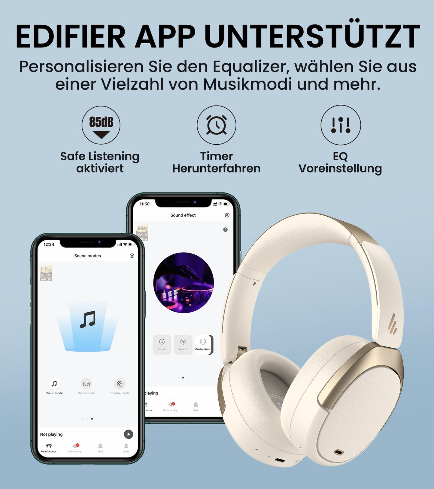 Hybrid-Kopfhörer mit aktiver Geräuschunterdrückung, Hi-Res Audio und Custom EQ Bluetooth 