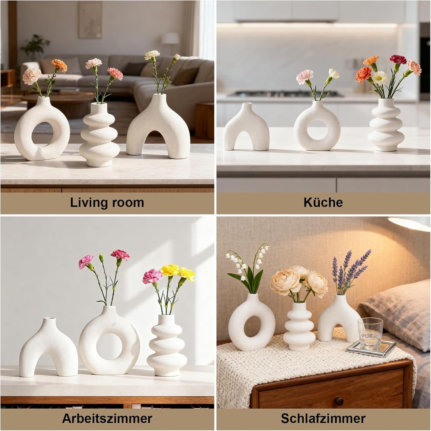 Vankarr Weiße Keramikvase Satz von 3, kleine Trockenblumen Vasen für Pampasgras,Moderne Boho Vasen 