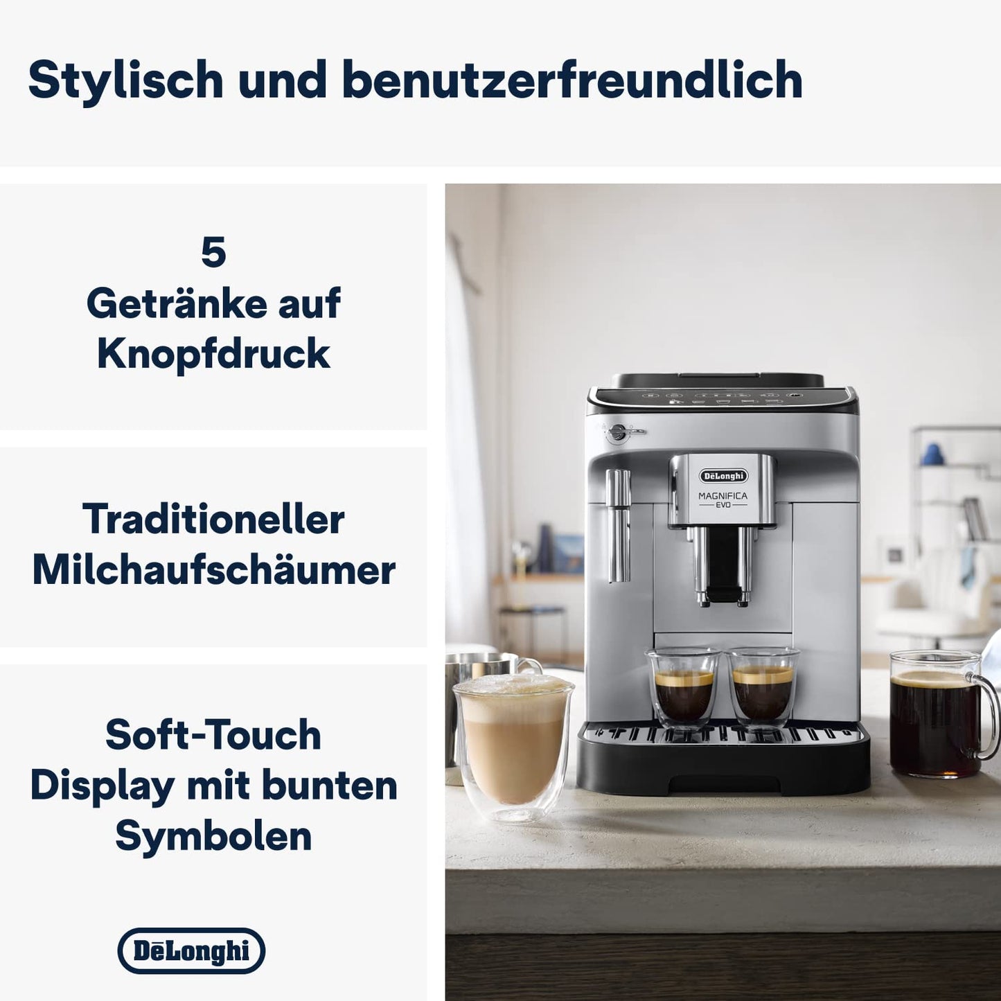 De'Longhi Kaffeevollautomat mit LatteCrema Milchsystem, 7 Direktwahltasten für Cappuccino, Espresso 