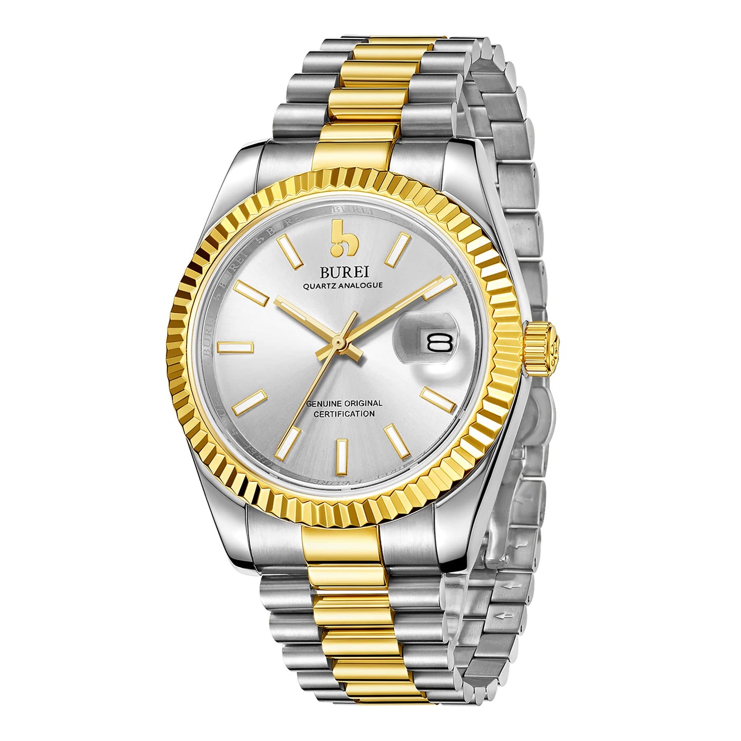 BUREI Herren Uhren Quarz Armbanduhr Datumsanzeige Saphirglas Objektiv mit Zwei Tönen Edelstahlband