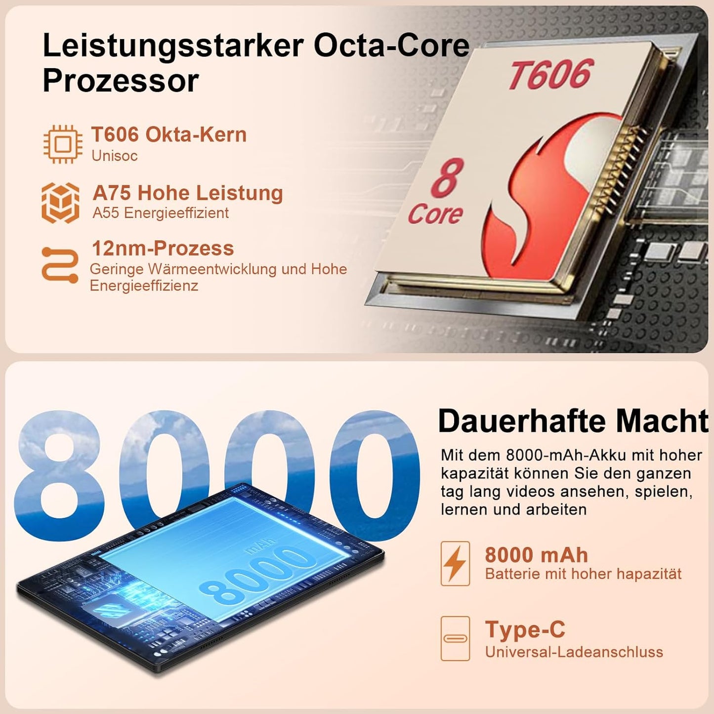 Tablet 10 Zoll Android 14, 22GB RAM 128GB ROM/TF 1TB, Octa-Core Prozessor, 8000mAh, BT5.0, 8MP+5MP, Dual WLAN, Face ID, Widevine L1, Augenschutz, Tablet mit Tastatur &amp; Maus Metallkörper-Schwarz 