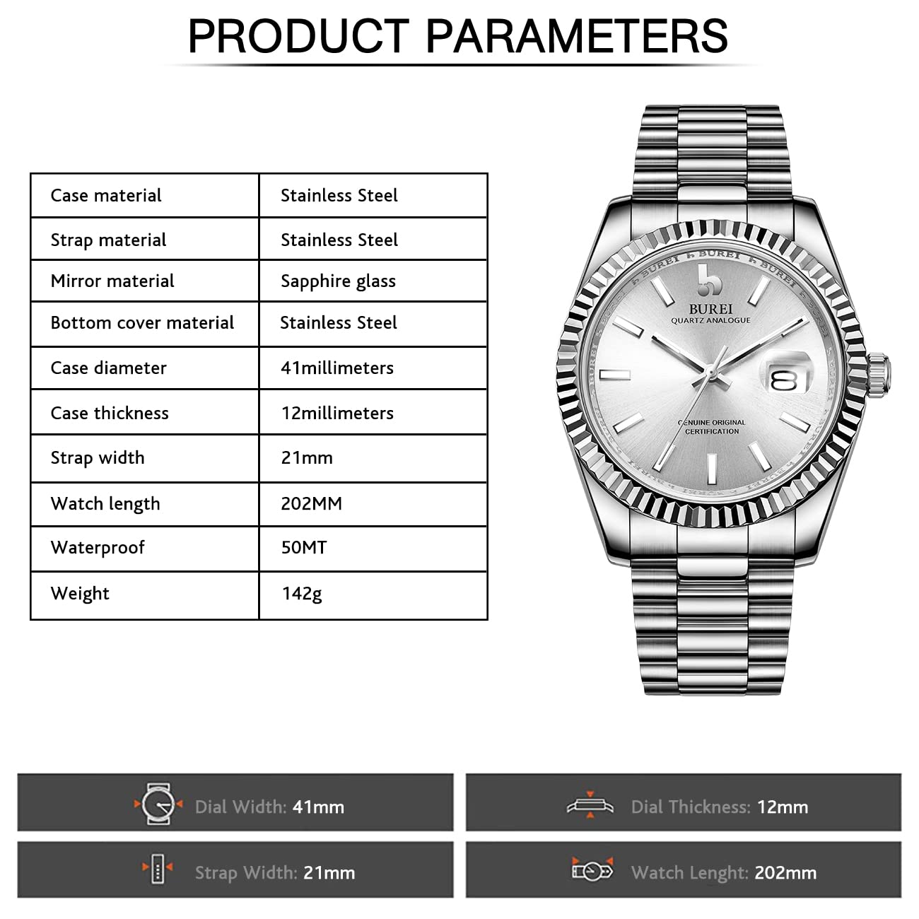 BUREI Herren Uhren Quarz Armbanduhr Datumsanzeige Saphirglas Objektiv mit Zwei Tönen Edelstahlband