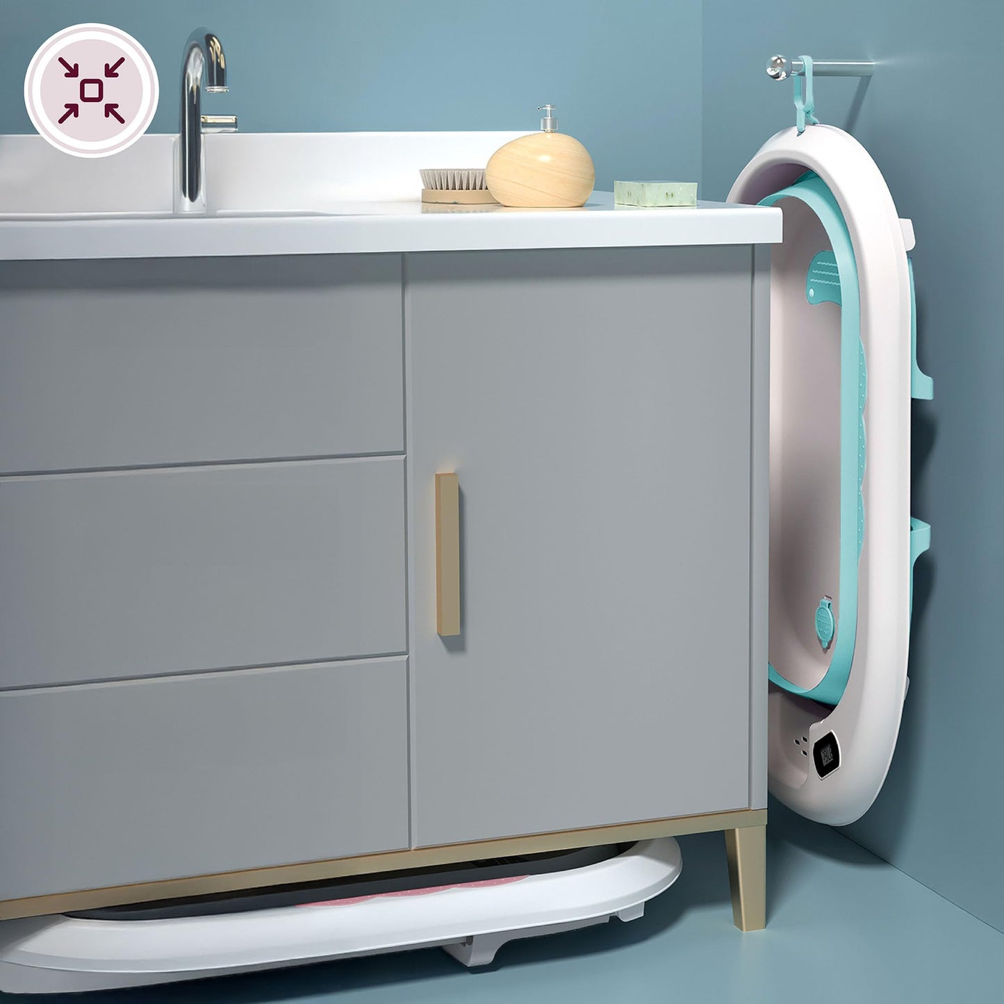 Faltbare Babybadewanne von Moby-System mit Einsatz, LCD-Thermometer und Rahmen – sicherer Halt ab Geburt, ergonomisch 