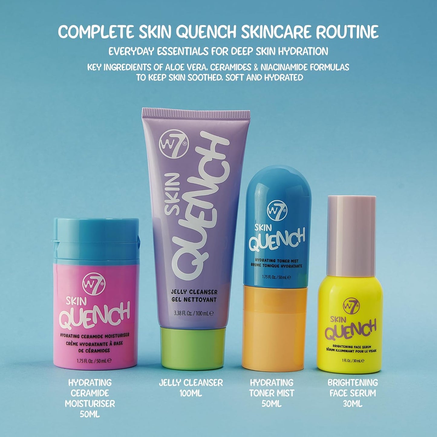 W7 Skin Quench Hautpflege-Geschenkset in Originalgröße – Feuchtigkeitsspendendes Set mit Aloe Vera und Ceramiden 