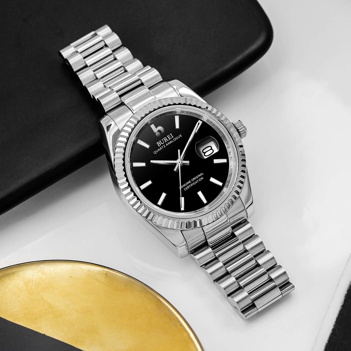 BUREI Herren Uhren Quarz Armbanduhr Datumsanzeige Saphirglas Objektiv mit Zwei Tönen Edelstahlband