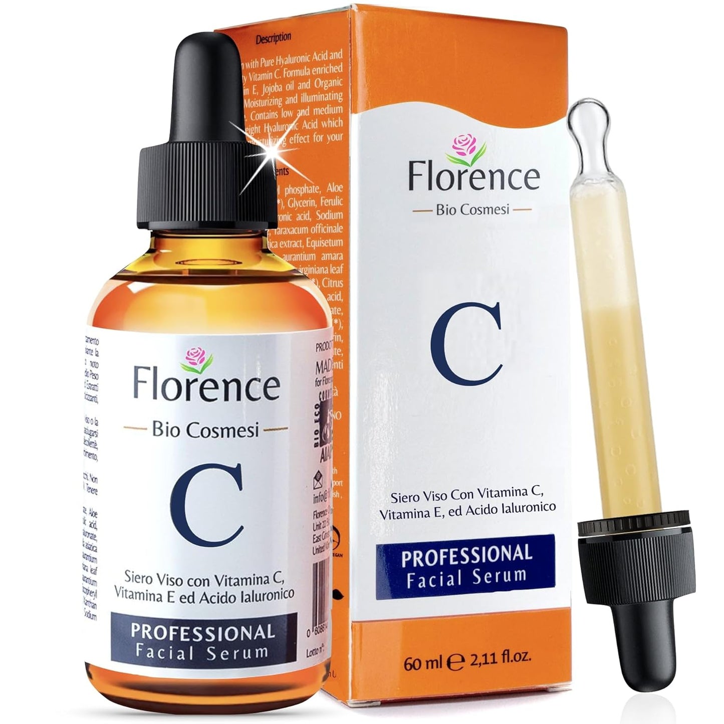 Serum mit Vitamin C 60ml Bio Hyaluron, E. Hochkonzentriert Anti-Falten, Anti-Aging &amp; Dunkle-Flecken. Hyaluronsäure-Gesichtsserum 
