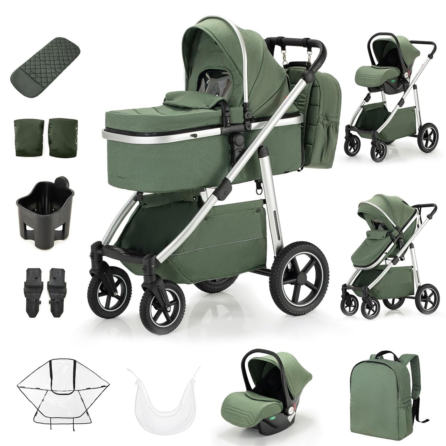 3-in-1 Kinderwagen-Set mit Sitz und faltbarem Babybett, verstellbare Liegeposition, bis 15 kg, 0-3 Jahre 