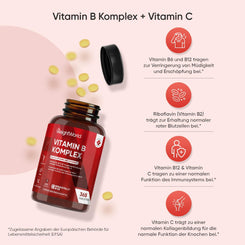 Complexe de vitamines B - Avec vitamine C - 365 comprimés - Les 8 vitamines B (B1, B2, B3, B5, B6, B7, B9, B12) - Approvisionnement pour 1 an - Système nerveux, métabolisme, fonctions mentales - Niacine, biotine, acide folique 