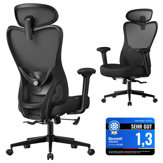 SONGMICS Bürostuhl ergonomisch, Schreibtischstuhl, Computerstuhl, verstellbare Lenden- und Kopfstütze, höhenverstellbar, tintenschwarz