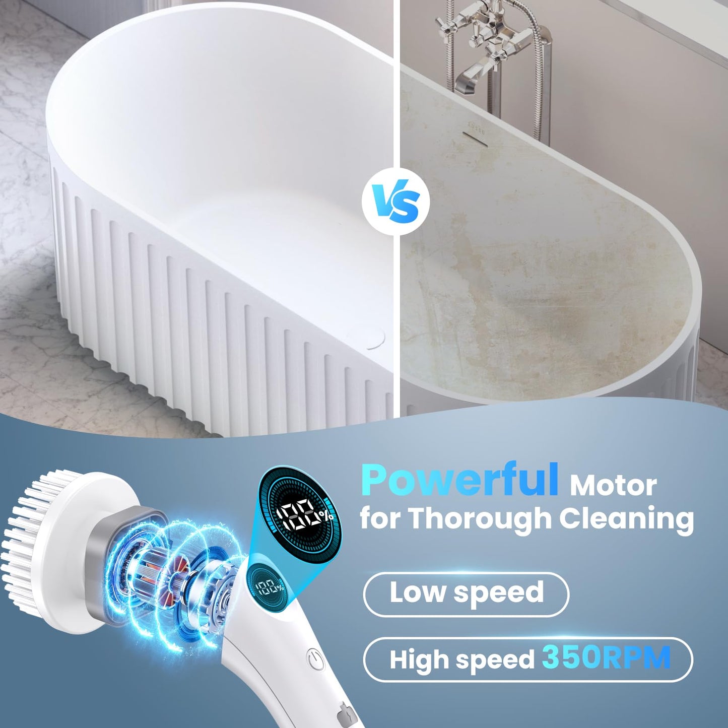 Elektrische Reinigungsbürste, Kabellos Power Spin Scrubber mit 7 Bürstenköpfen, 2-Gang-Integrierte Übertragung, Reinigungsbürste für Fliesen, Duschen, Glas, Bad 