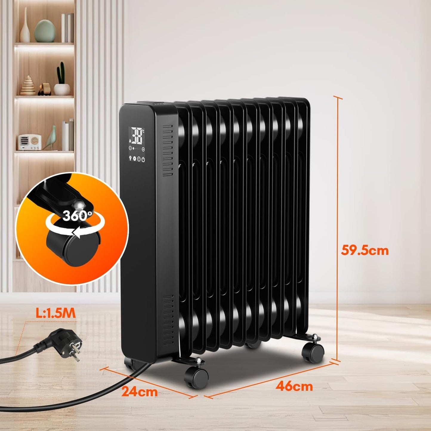 Fiqops Ölradiator 2500 W, energiesparend mit 11 Heizrippen, 3 Heizstufen, Thermostat, WLAN-App und Fernbedienung, Digitalanzeige