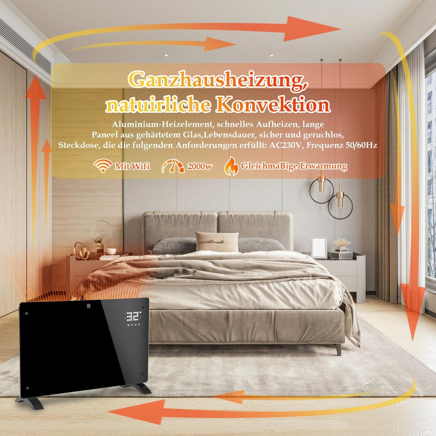 Fiqops Ölradiator 2500 W, energiesparend mit 11 Heizrippen, 3 Heizstufen, Thermostat, WLAN-App und Fernbedienung, Digitalanzeige