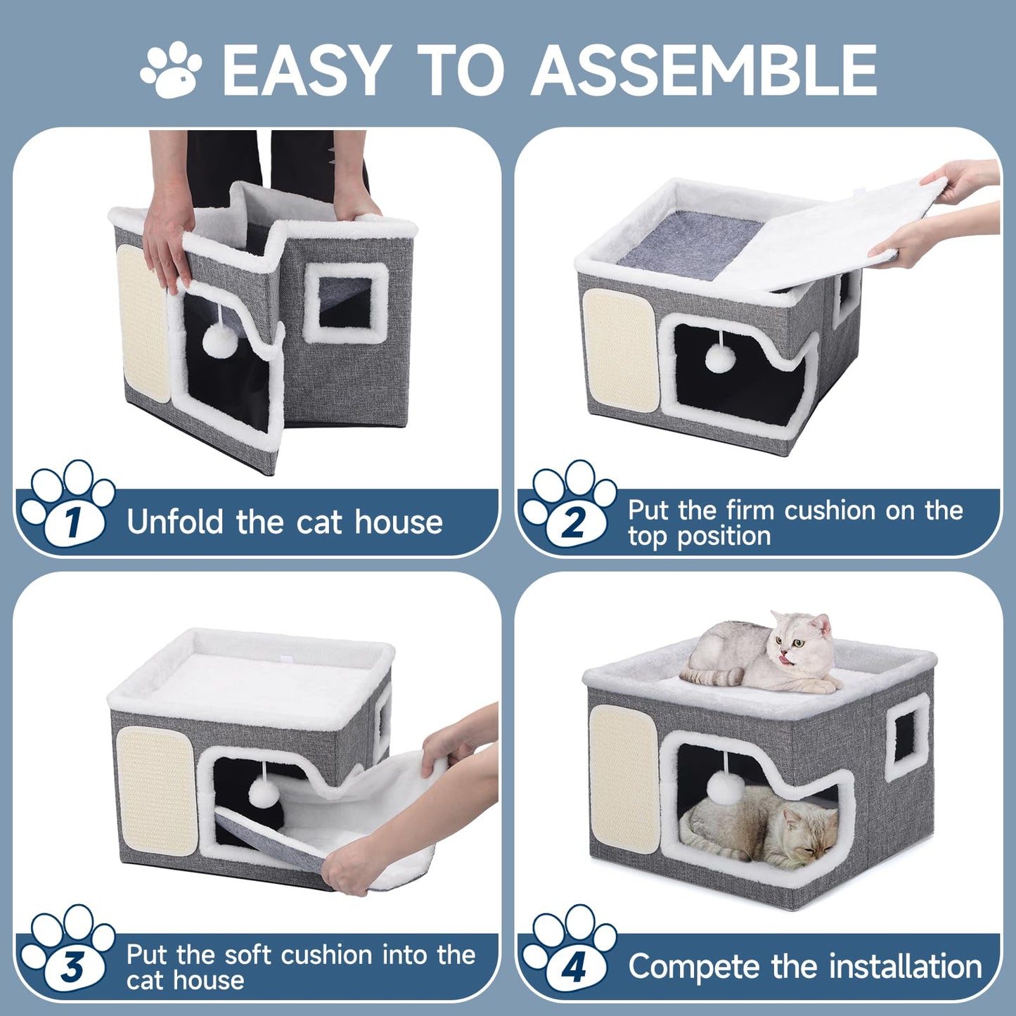 Faltbares Katzenhaus, mit Kratzbrett und Spielball, Katzenhaus Höhle für kleine und mittlere Haustiere 