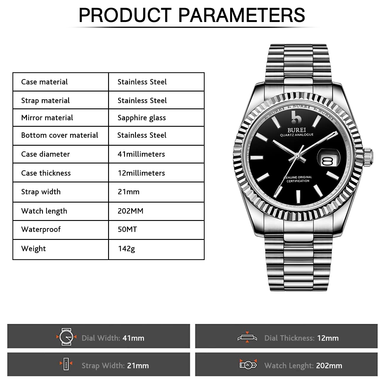 BUREI Herren Uhren Quarz Armbanduhr Datumsanzeige Saphirglas Objektiv mit Zwei Tönen Edelstahlband