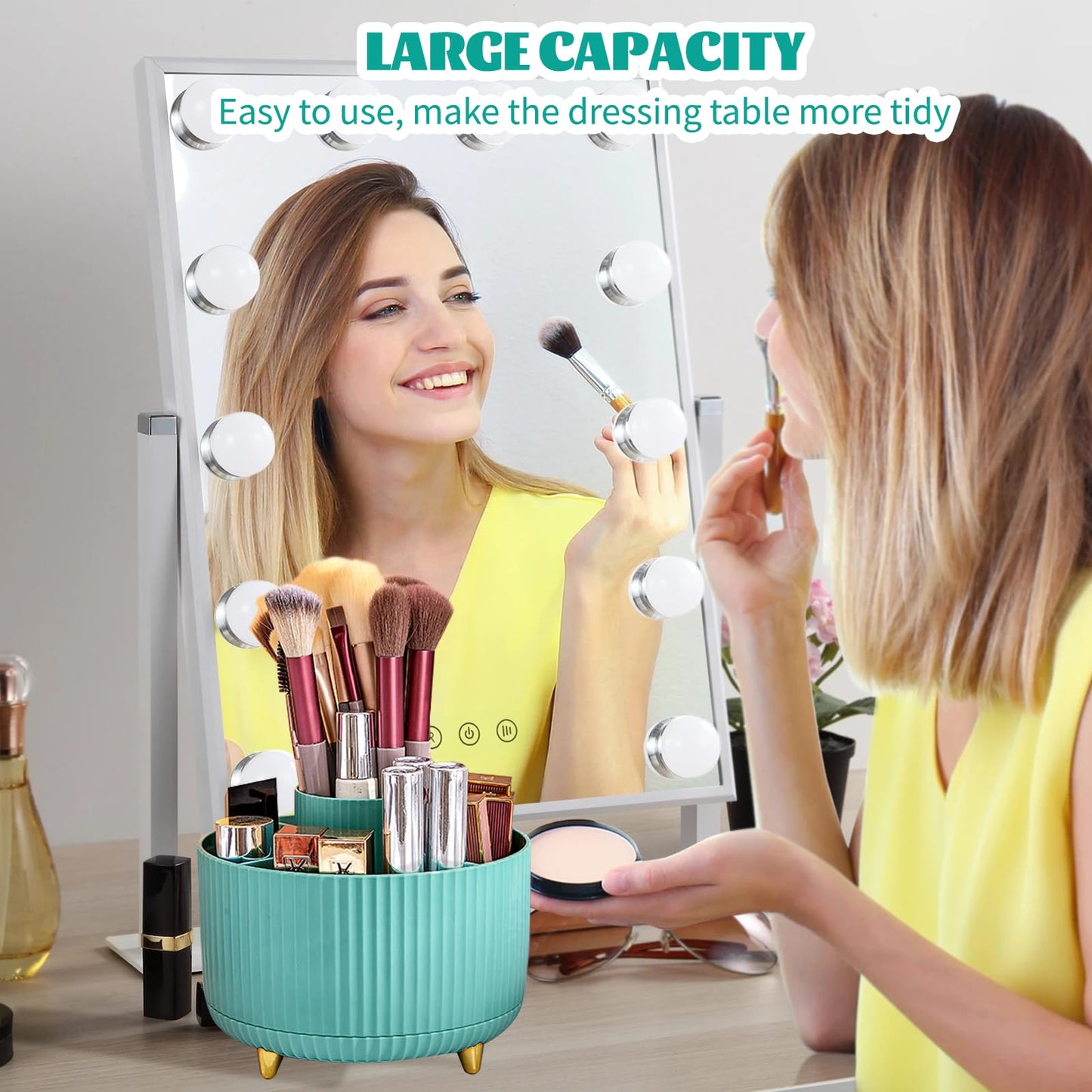 Make up Organizer 360° Drehbar, Pinselhalter Kosmetik Aufbewahrung mit 5 Fächern, Aesthetic Schminktisch Organizers für Zimmer Decor Frisiertisch 