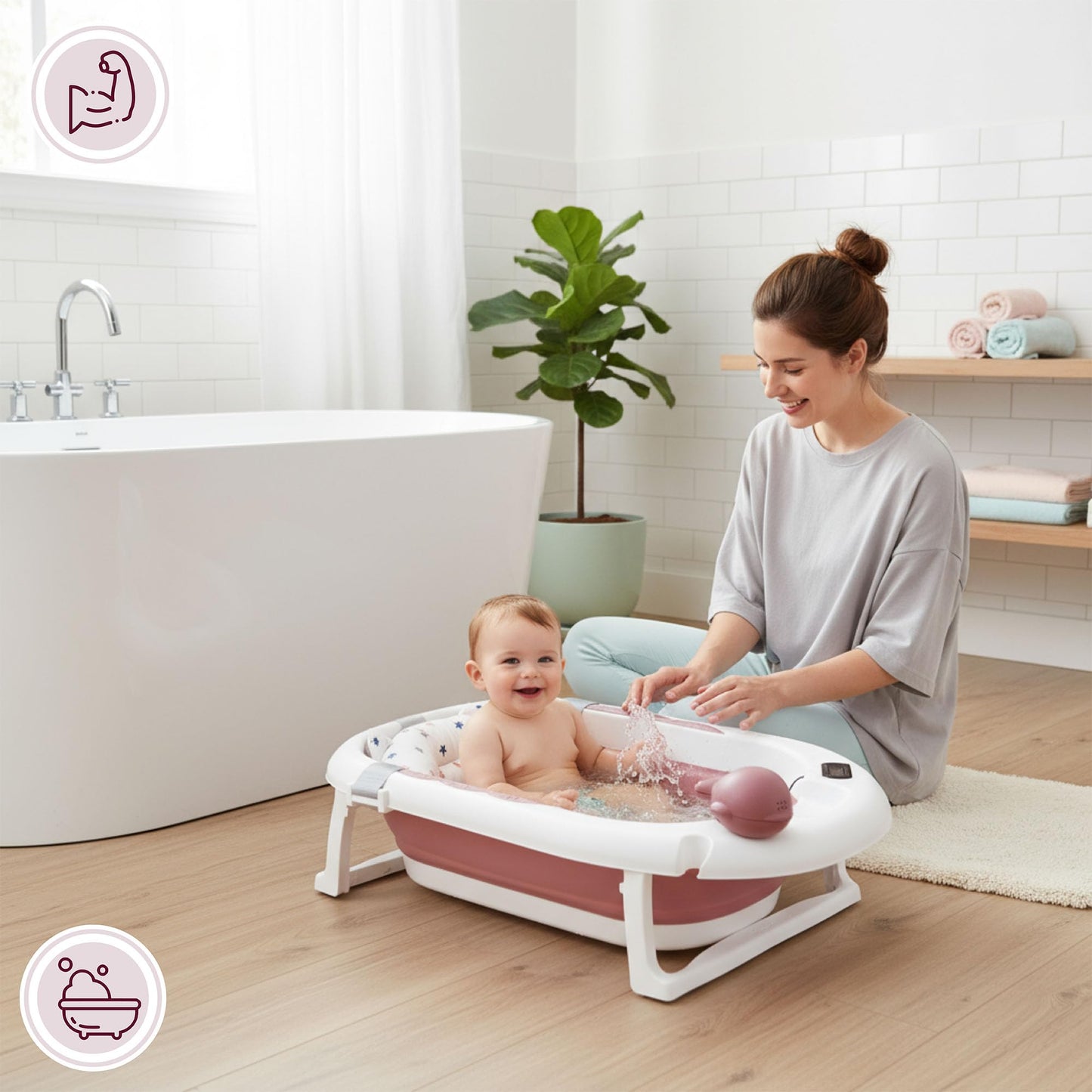 Faltbare Babybadewanne von Moby-System mit Einsatz, LCD-Thermometer und Rahmen – sicherer Halt ab Geburt, ergonomisch 