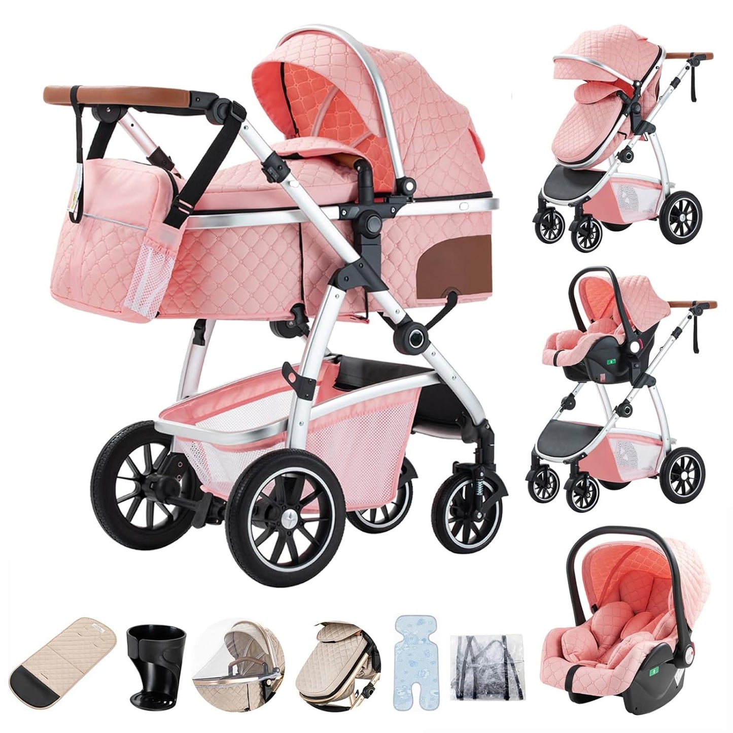 3-in-1 Kinderwagen-Set mit Sitz und faltbarem Babybett, verstellbare Liegeposition, bis 15 kg, 0-3 Jahre 