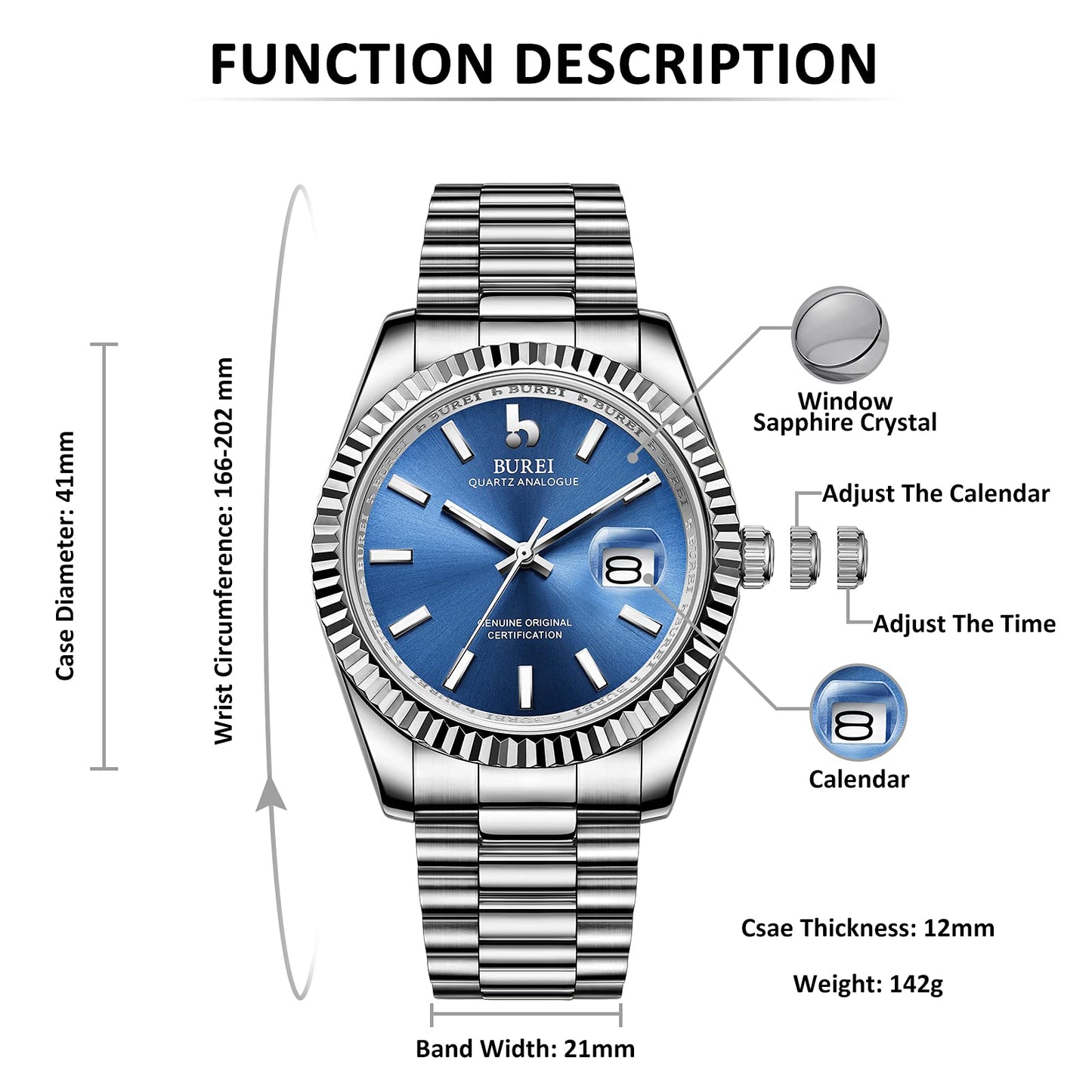 BUREI Herren Uhren Quarz Armbanduhr Datumsanzeige Saphirglas Objektiv mit Zwei Tönen Edelstahlband