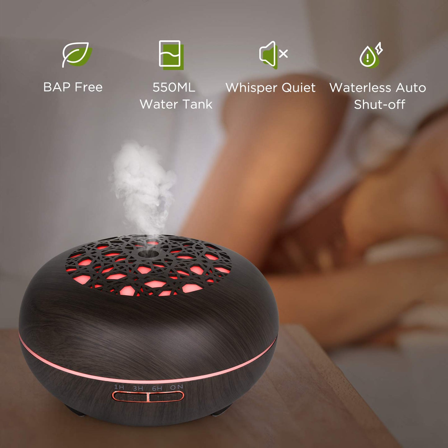 Aroma Diffuser Luftbefeuchter 550ml mit Fernbedienung, Ultraschall Vernebler Duftlampe Öl Diffusor mit 7 Farben LED 