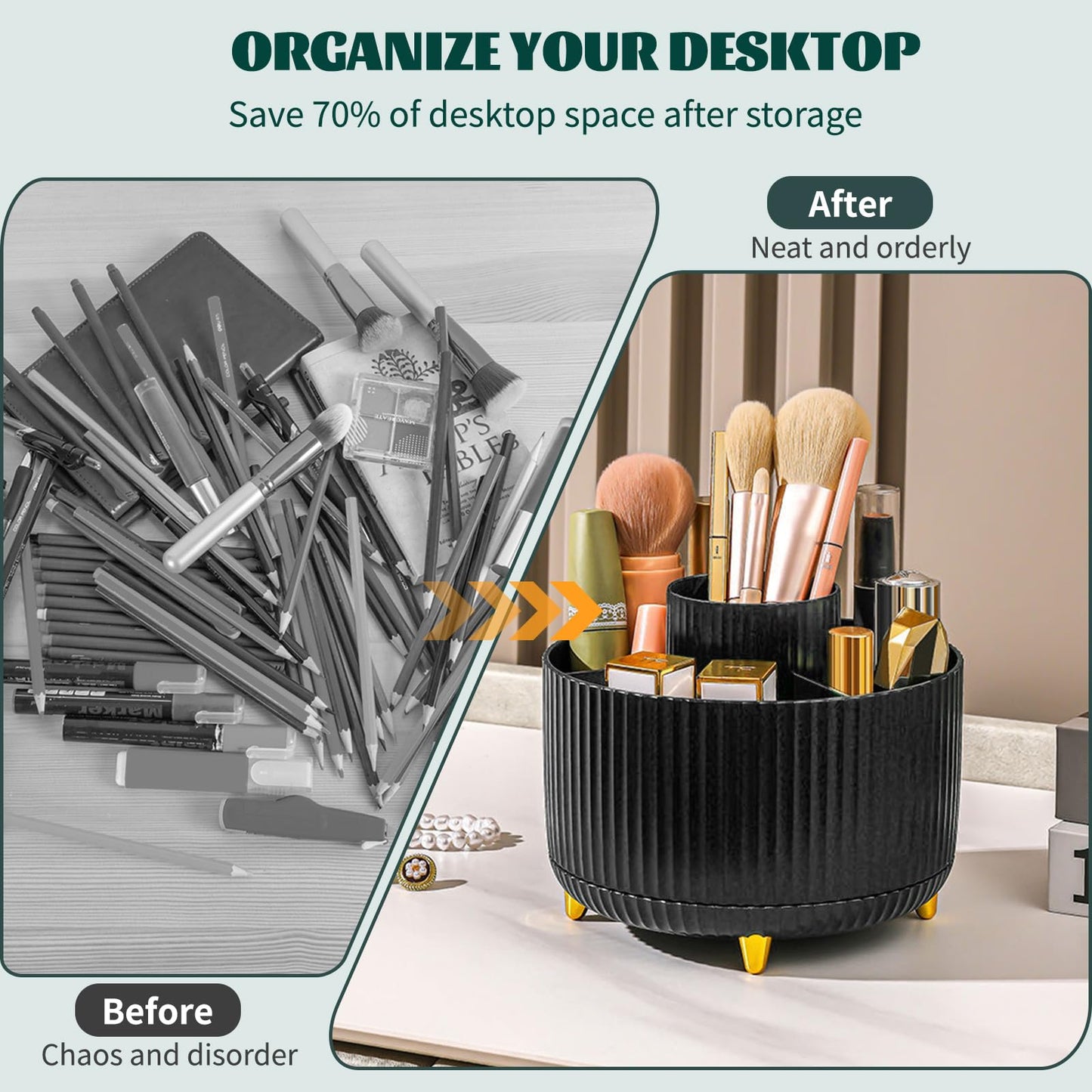 Make up Organizer 360° Drehbar, Pinselhalter Kosmetik Aufbewahrung mit 5 Fächern, Aesthetic Schminktisch Organizers für Zimmer Decor Frisiertisch 