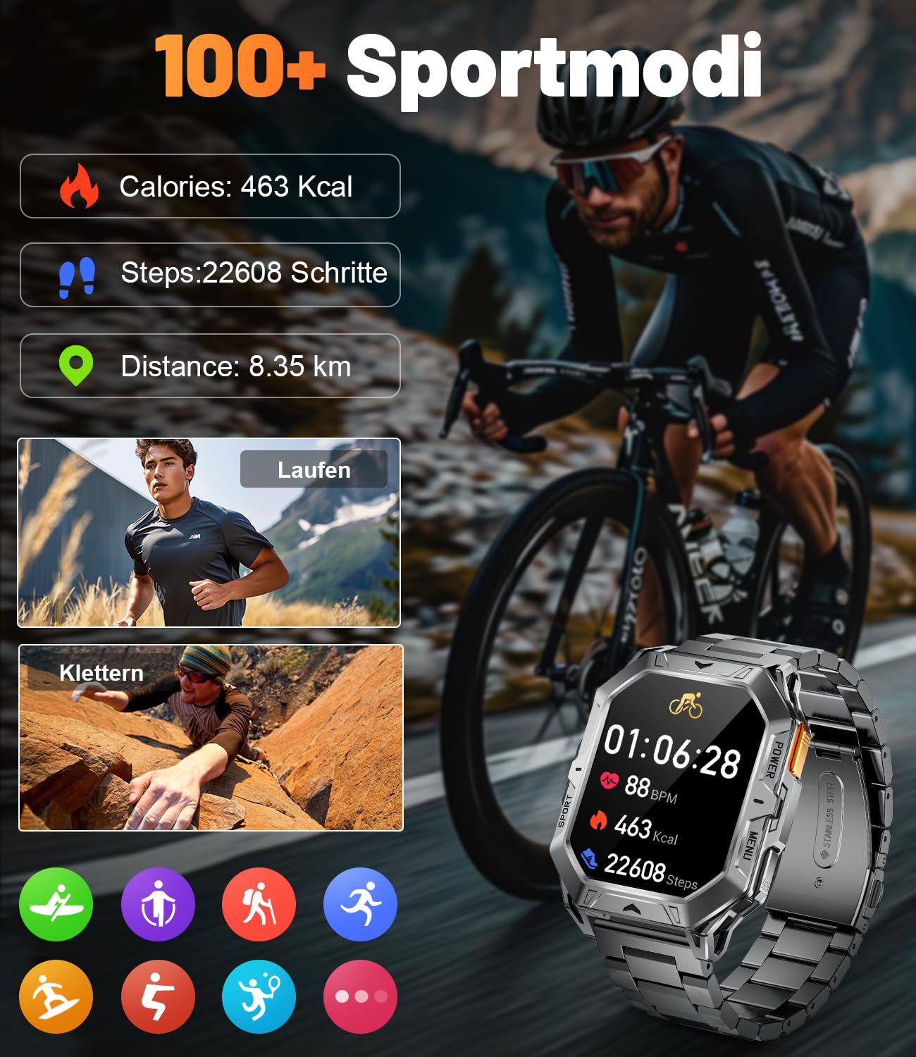 Smartwatch Herren Militär, 2.13" AMOLED mit 256 MB,1000mAh Akku, Barometerdruck/ Höhenmesser/Kompass, Smart Watch mit Telefonfunktion, 100+ Sportmodi Fitness-Tracker, 10ATM Wasserdicht für Android iOS 