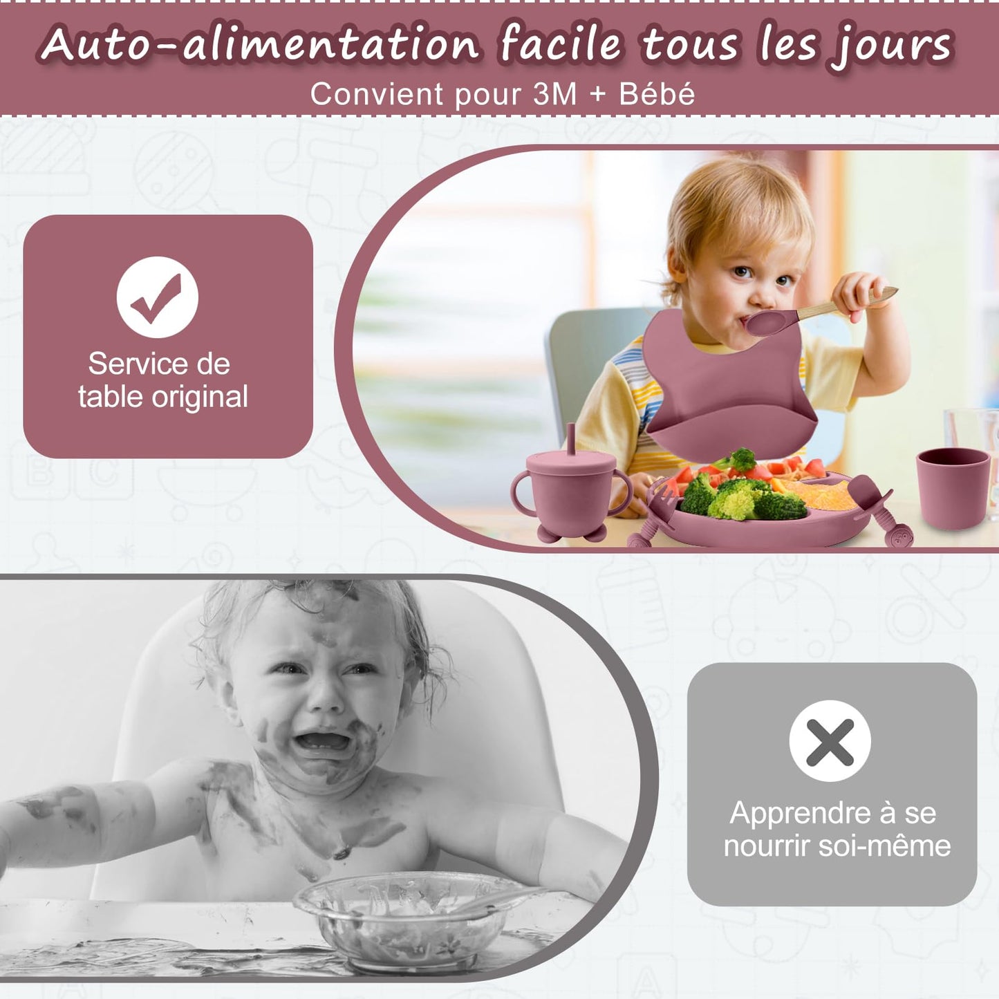 Ensemble de vaisselle pour bébé, ensemble de 12 couverts pour enfants, cuillère pour bébé, tasse à boire 