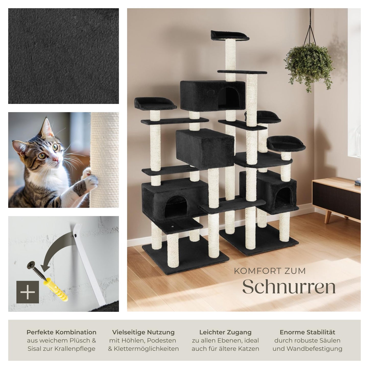 tectake® Katzen Kratzbaum mit Zubehör für Katze groß XXL, Spielturm mit Kratzsäule 