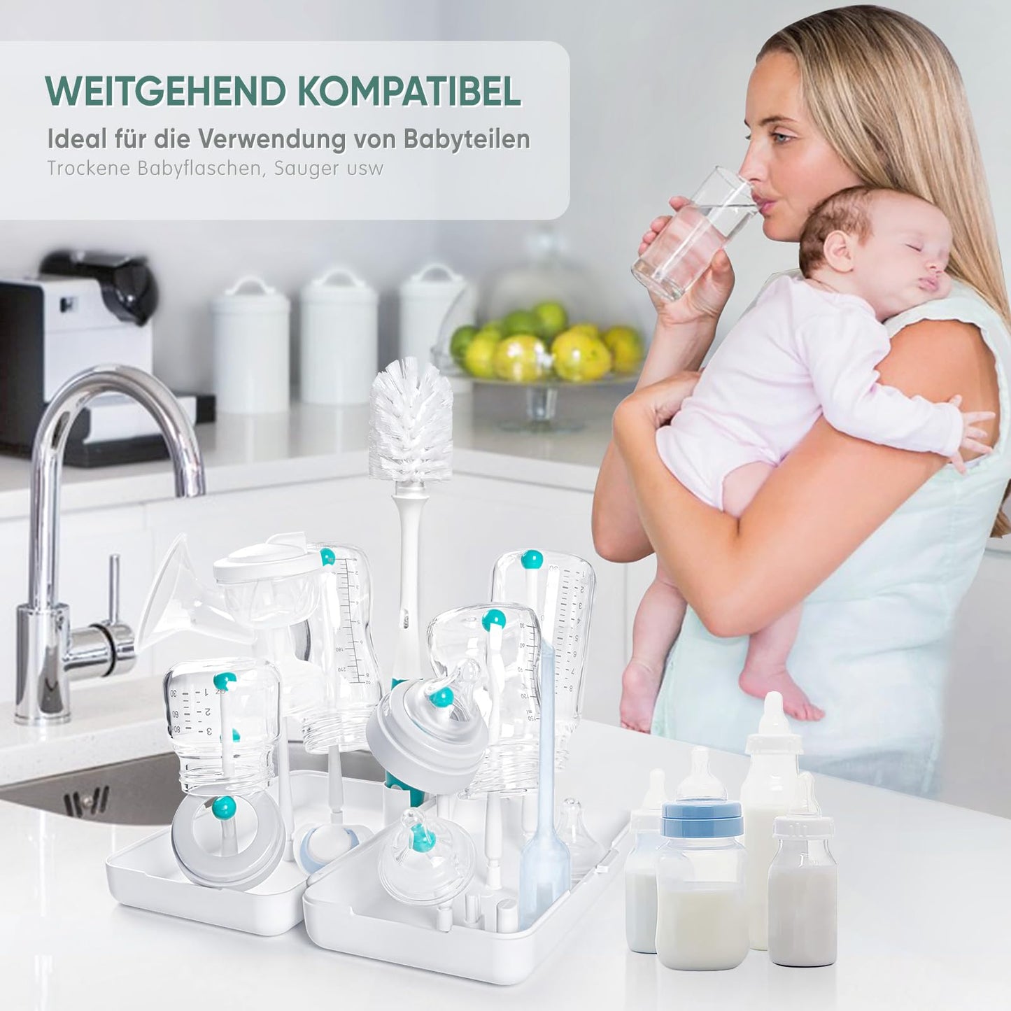Trockenständer Babyflaschen, Abtropfgestell für Babyflaschen, Flaschen, grauSaudern 