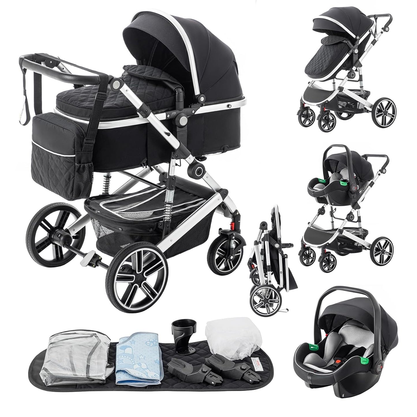 3-in-1 Kinderwagen-Set mit Sitz und faltbarem Babybett, verstellbare Liegeposition, bis 15 kg, 0-3 Jahre 