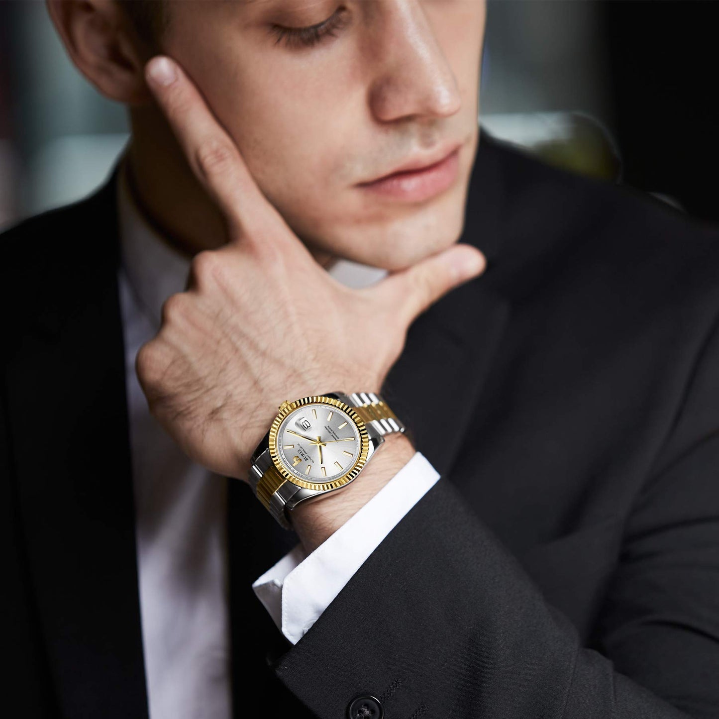 BUREI Herren Uhren Quarz Armbanduhr Datumsanzeige Saphirglas Objektiv mit Zwei Tönen Edelstahlband