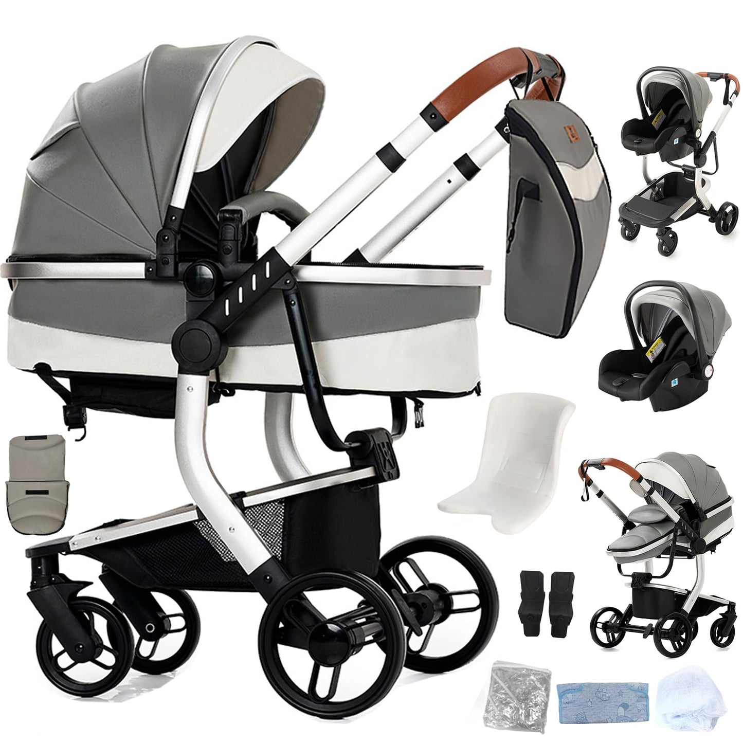 Reenborn 3-in-1 Kinderwagen, Buggy mit zwei umkehrbaren Schiebemodi, Kinderwagen mit Gestell aus Aluminiumlegierung, Babywagen, 3-in-1 Komplettset mit Ein-Klick-Faltmechanismus 