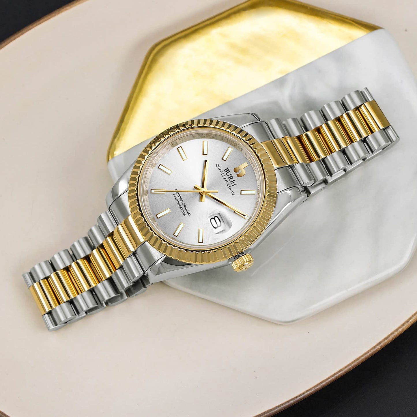 BUREI Herren Uhren Quarz Armbanduhr Datumsanzeige Saphirglas Objektiv mit Zwei Tönen Edelstahlband