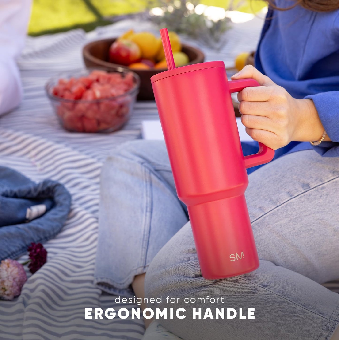 Simple Modern Thermobecher mit Strohhalm und Griff | Isolierter Edelstahl-Trinkbecher Eiskaffee-Reisebecher