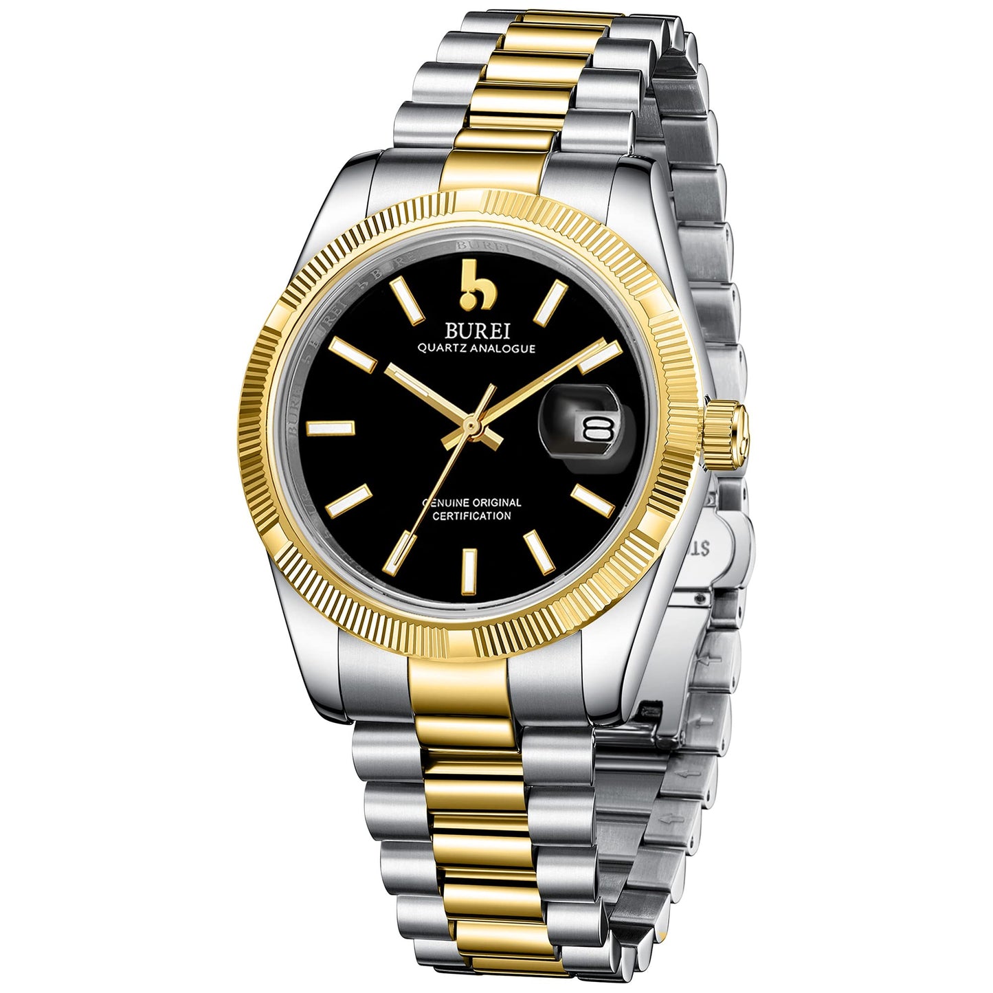 BUREI Herren Uhren Quarz Armbanduhr Datumsanzeige Saphirglas Objektiv mit Zwei Tönen Edelstahlband