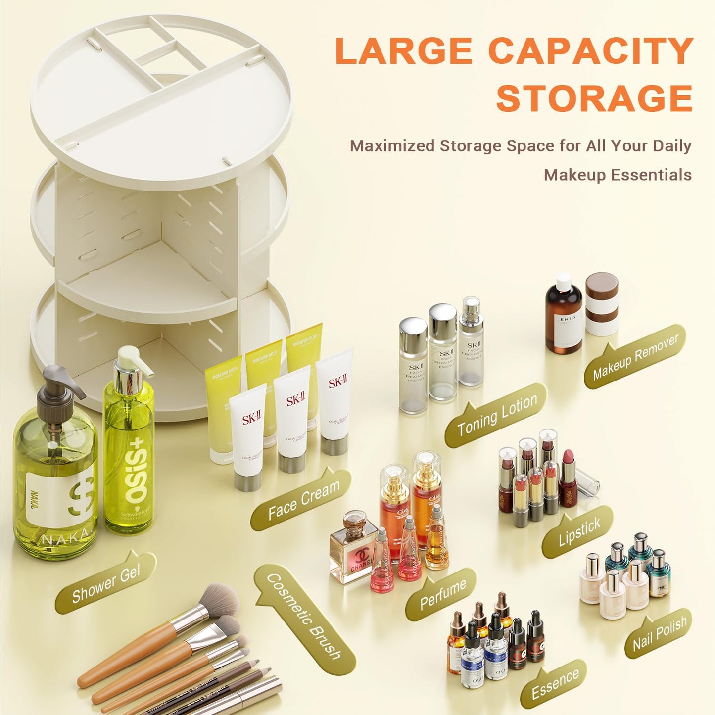 Auxmir Schminktisch Organizer mit 9 einstellbaren Stufen, Make Up Organizer 360° Drehbar, Extra Größer Kosmetik Hautpflege Organisieren 