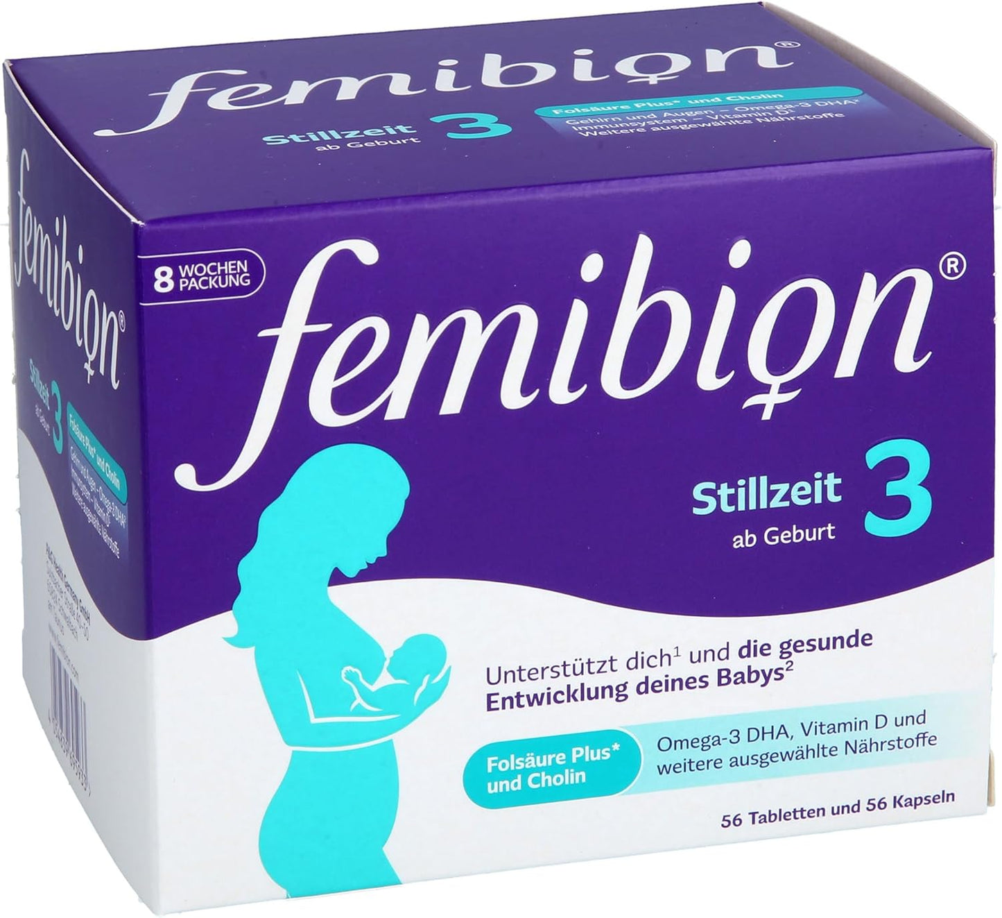 Femibion ​​3 Stillzeit, Tägliches Nahrungsergänzung für die Laktation, Mit Cholin, DHA, Folsäure, Metafolin, 8-Wochen-Pack, 2 x 56 Stück 
