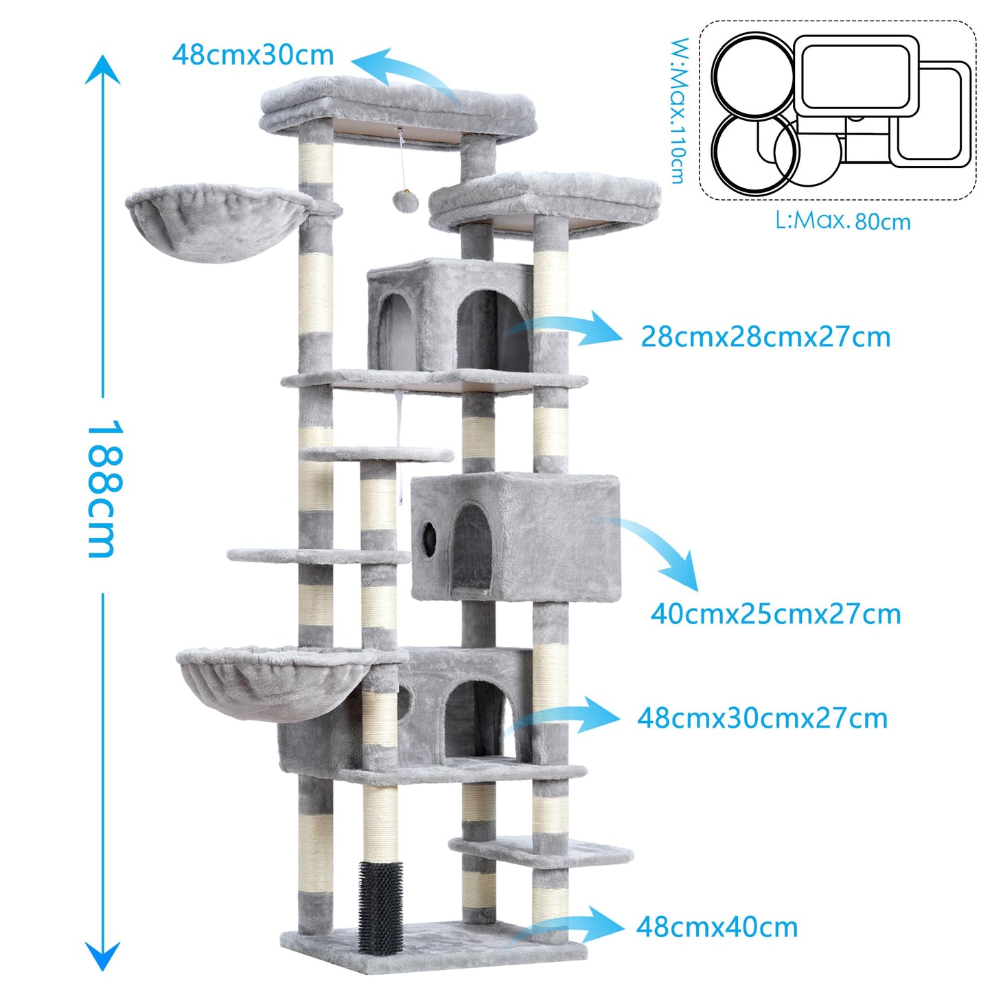 XXL Kratzbaum mit 2 großen Plattformen, 3 Höhlen, 2 Körben, Plüschbälle und Sisal-Kratzbäumen 