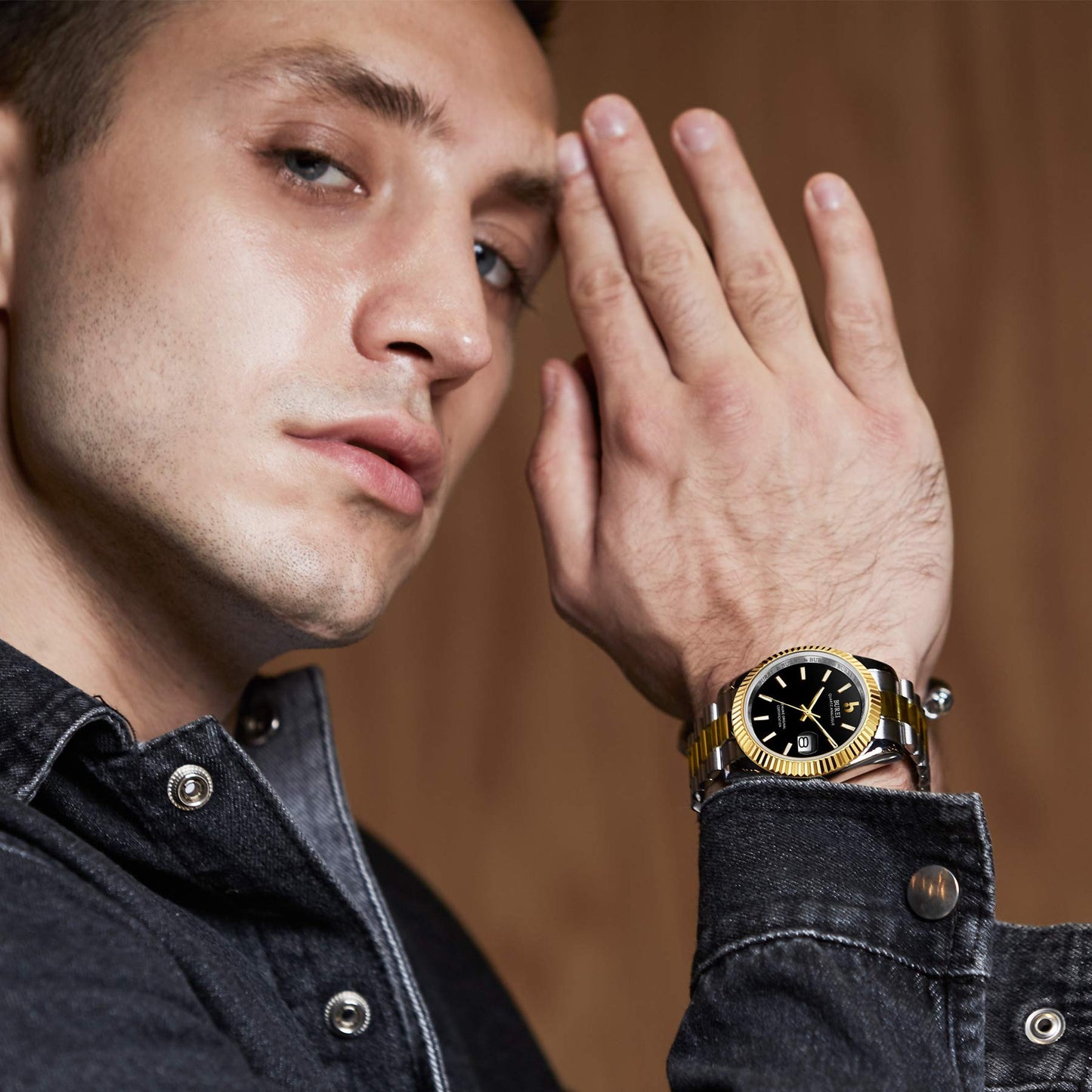 BUREI Herren Uhren Quarz Armbanduhr Datumsanzeige Saphirglas Objektiv mit Zwei Tönen Edelstahlband