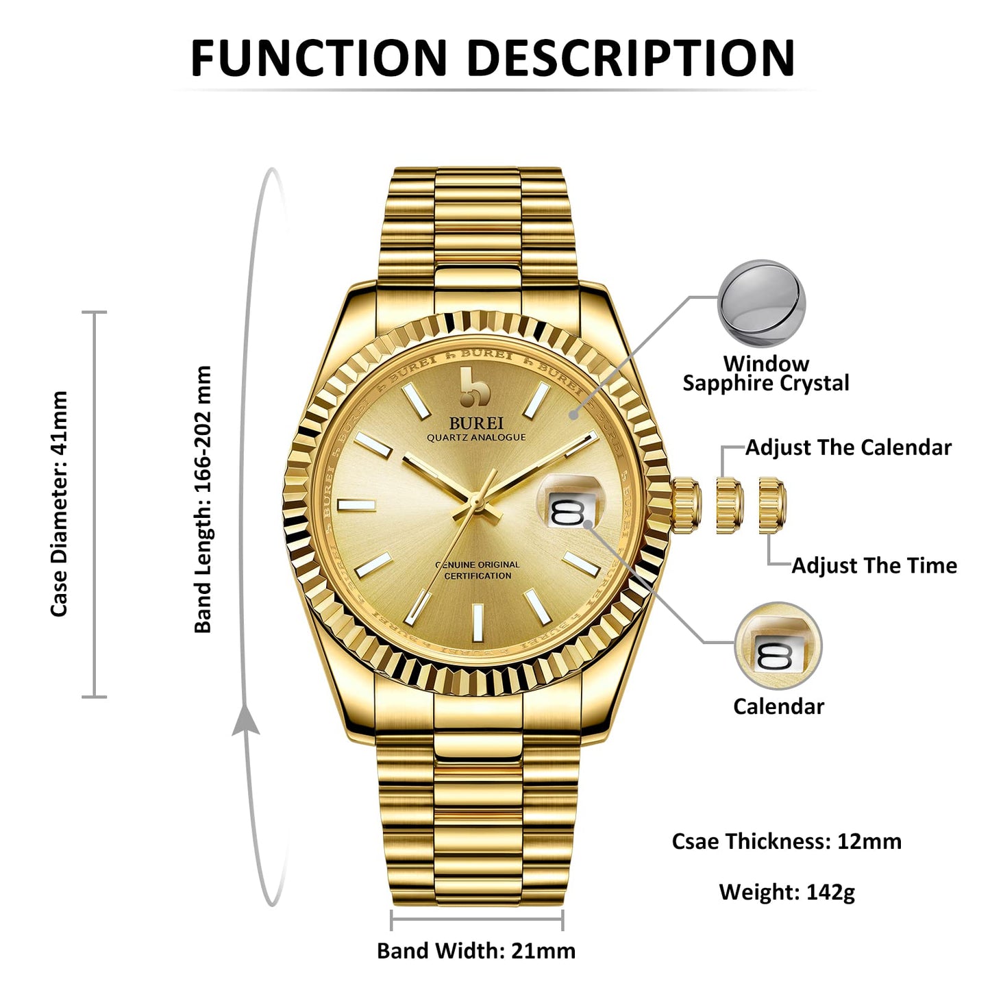 BUREI Herren Uhren Quarz Armbanduhr Datumsanzeige Saphirglas Objektiv mit Zwei Tönen Edelstahlband