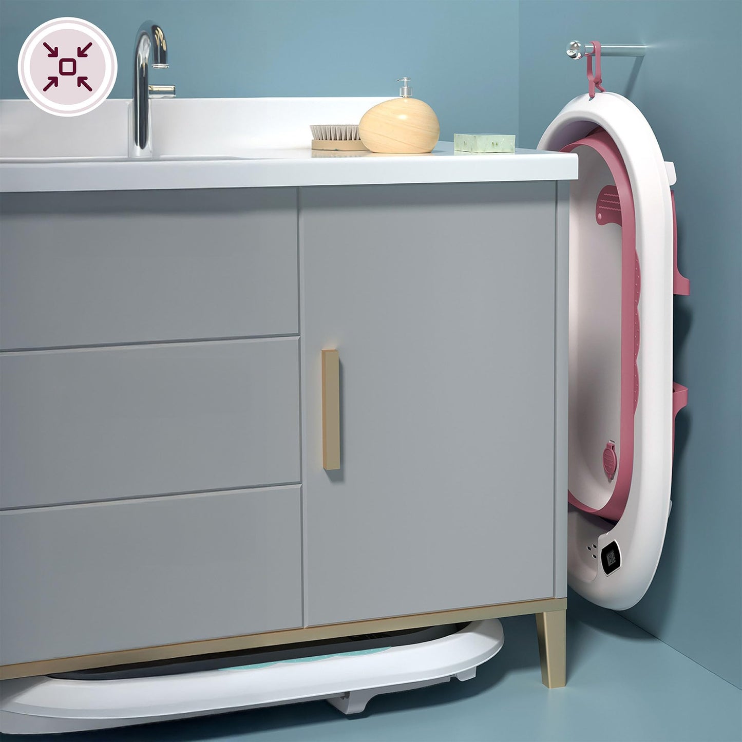 Faltbare Babybadewanne von Moby-System mit Einsatz, LCD-Thermometer und Rahmen – sicherer Halt ab Geburt, ergonomisch 