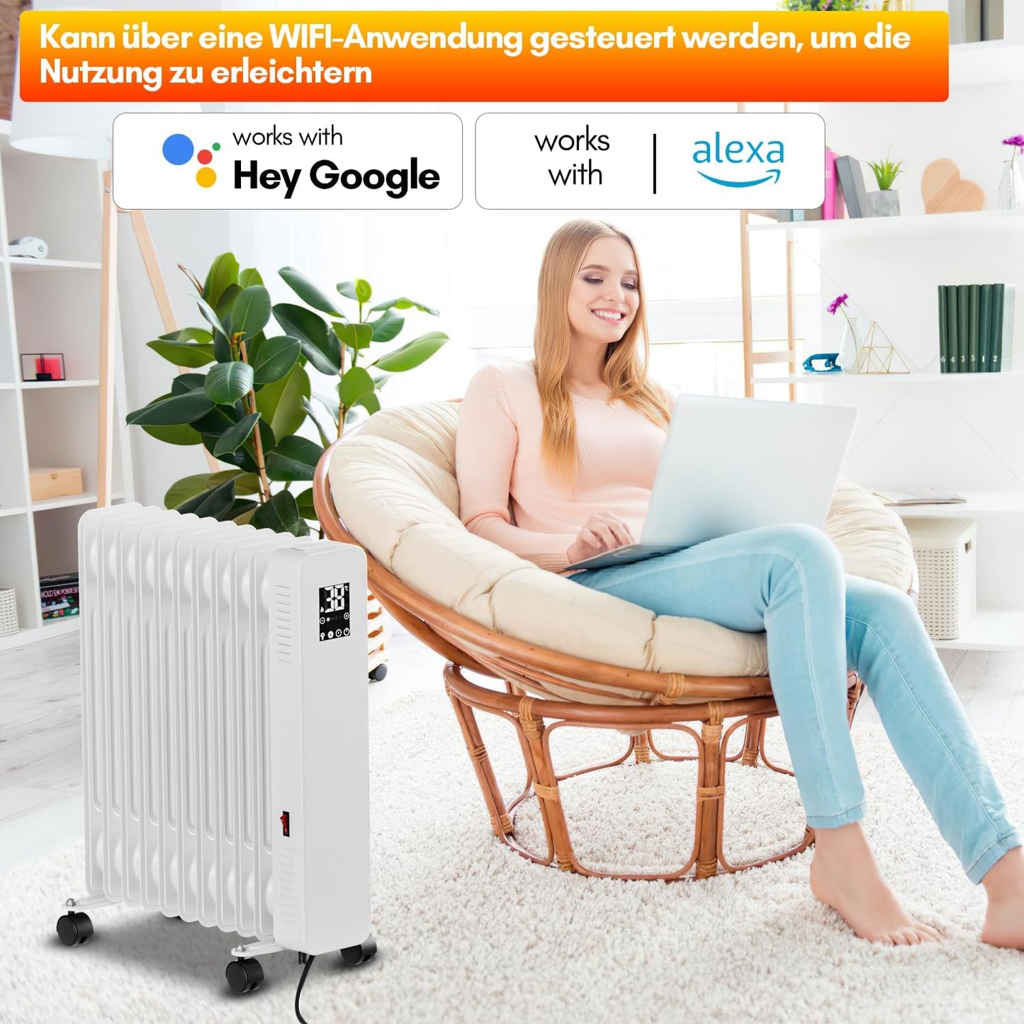 Fiqops Ölradiator 2500 W, energiesparend mit 11 Heizrippen, 3 Heizstufen, Thermostat, WLAN-App und Fernbedienung, Digitalanzeige