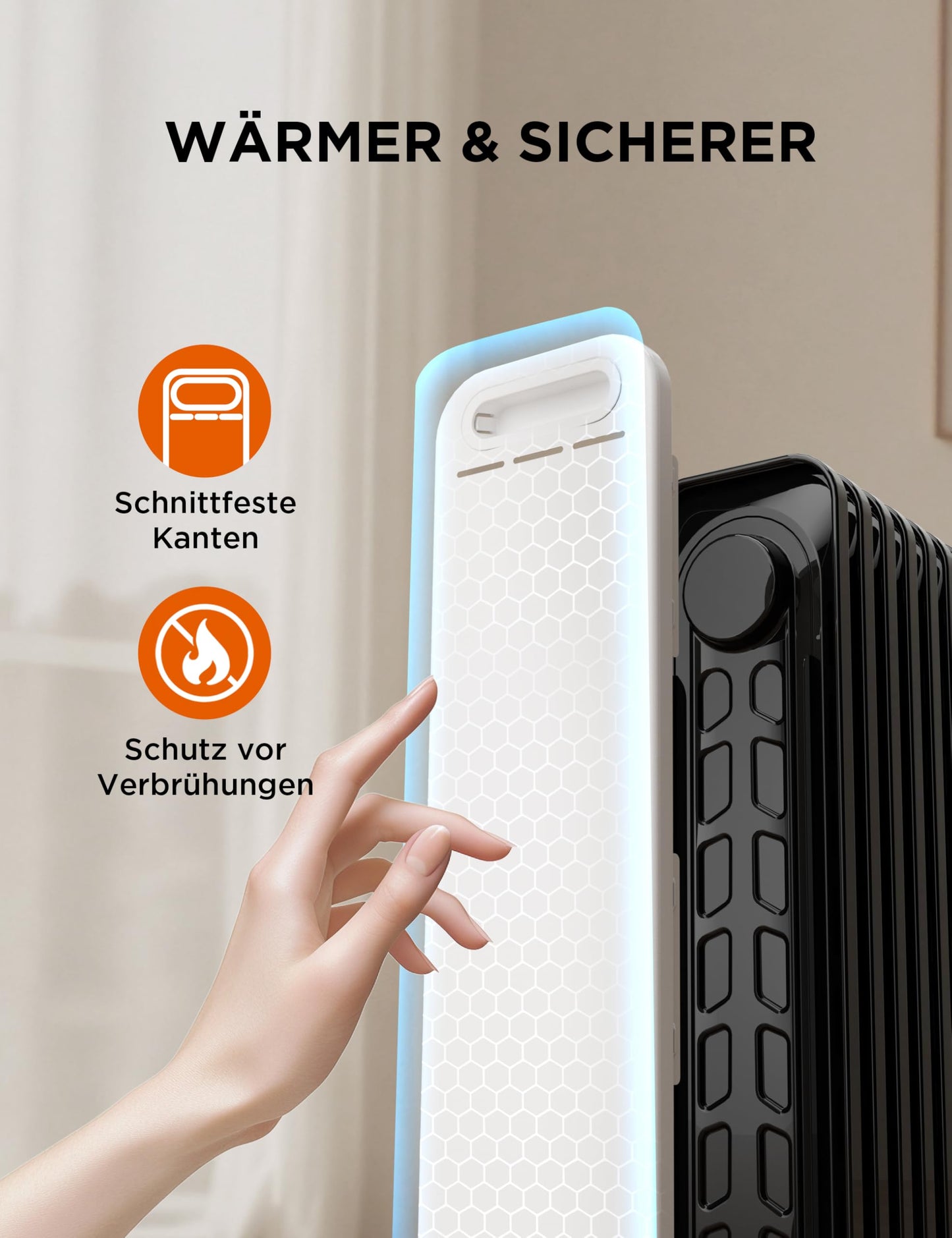 2300W 11 Rippen tragbarer Elektroheizer mit Drehknopfregelung und einstellbarem Thermostat, 3 Heizstufen, Kipp- und Überhitzungsschutz, ultraleicht im Büro &amp; Zuhause