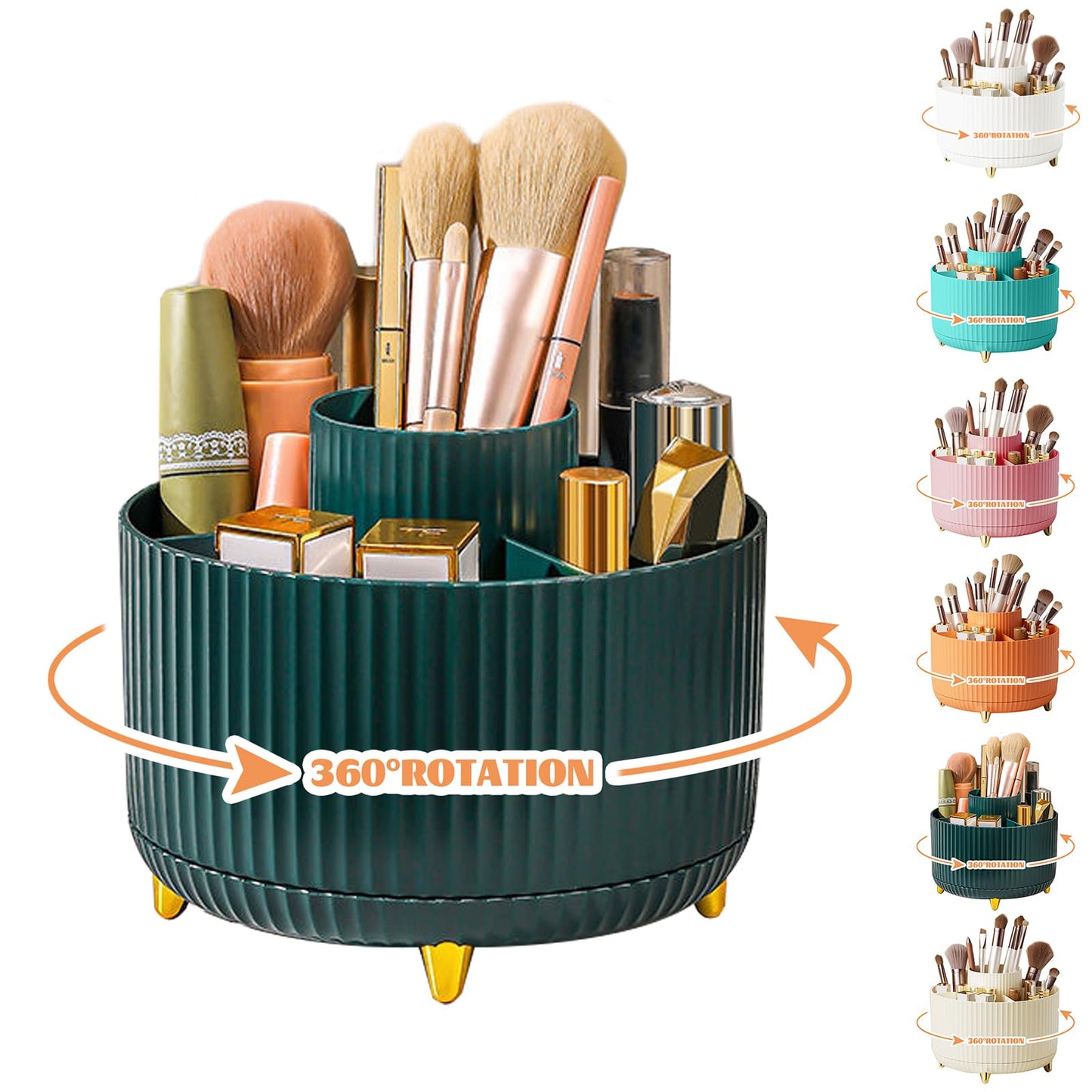 Make up Organizer 360° Drehbar, Pinselhalter Kosmetik Aufbewahrung mit 5 Fächern, Aesthetic Schminktisch Organizers für Zimmer Decor Frisiertisch 