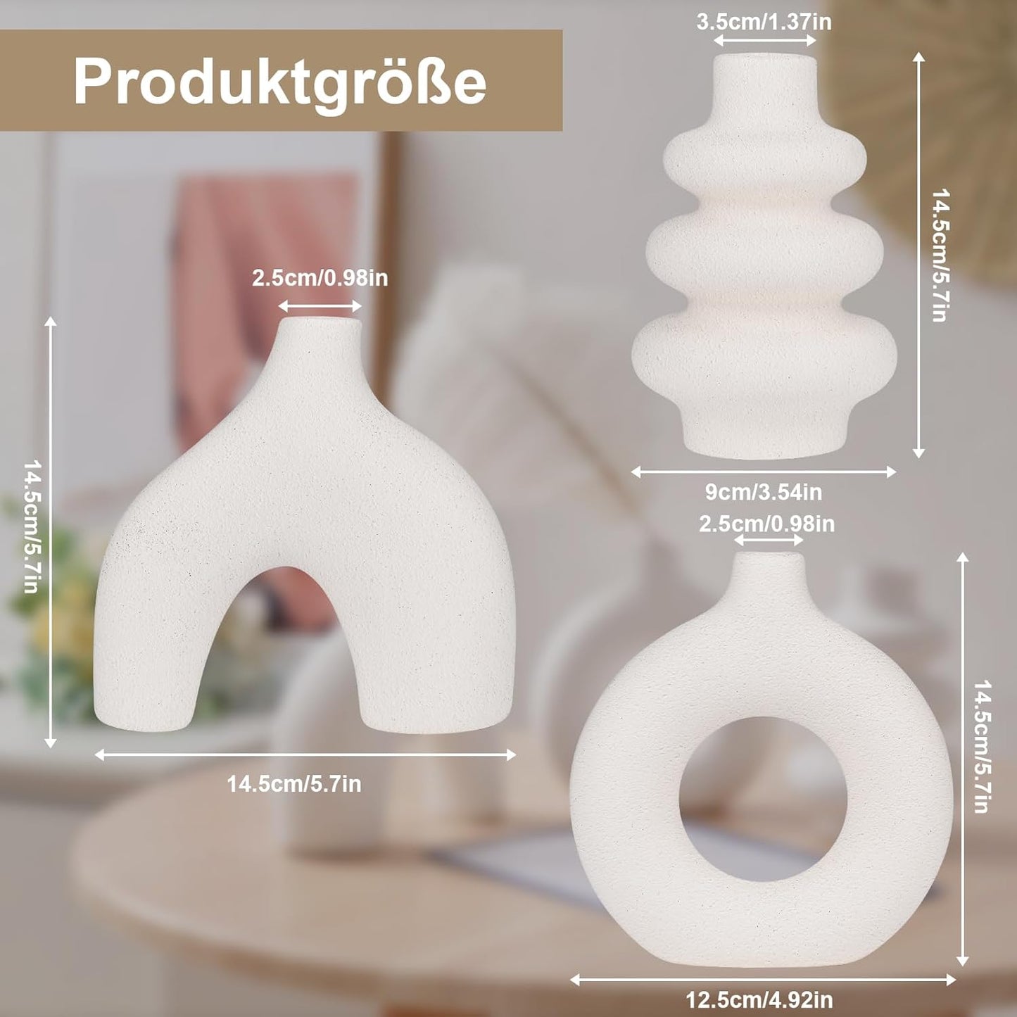 Vankarr Weiße Keramikvase Satz von 3, kleine Trockenblumen Vasen für Pampasgras,Moderne Boho Vasen 