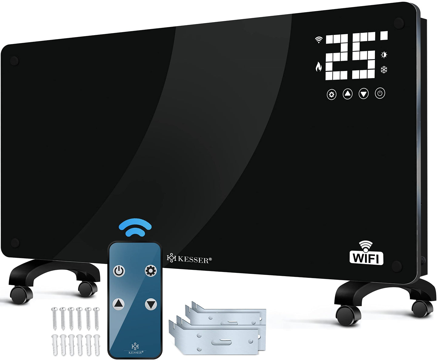 KESSER® Glaskonvektor, Glasheizkörper, elektrischer Heizkörper, WLAN-App-Funktion, inklusive Fernbedienung, Stand- oder Wandheizkörper | Touchscreen | LCD-Display | Timer | 2500 Watt 