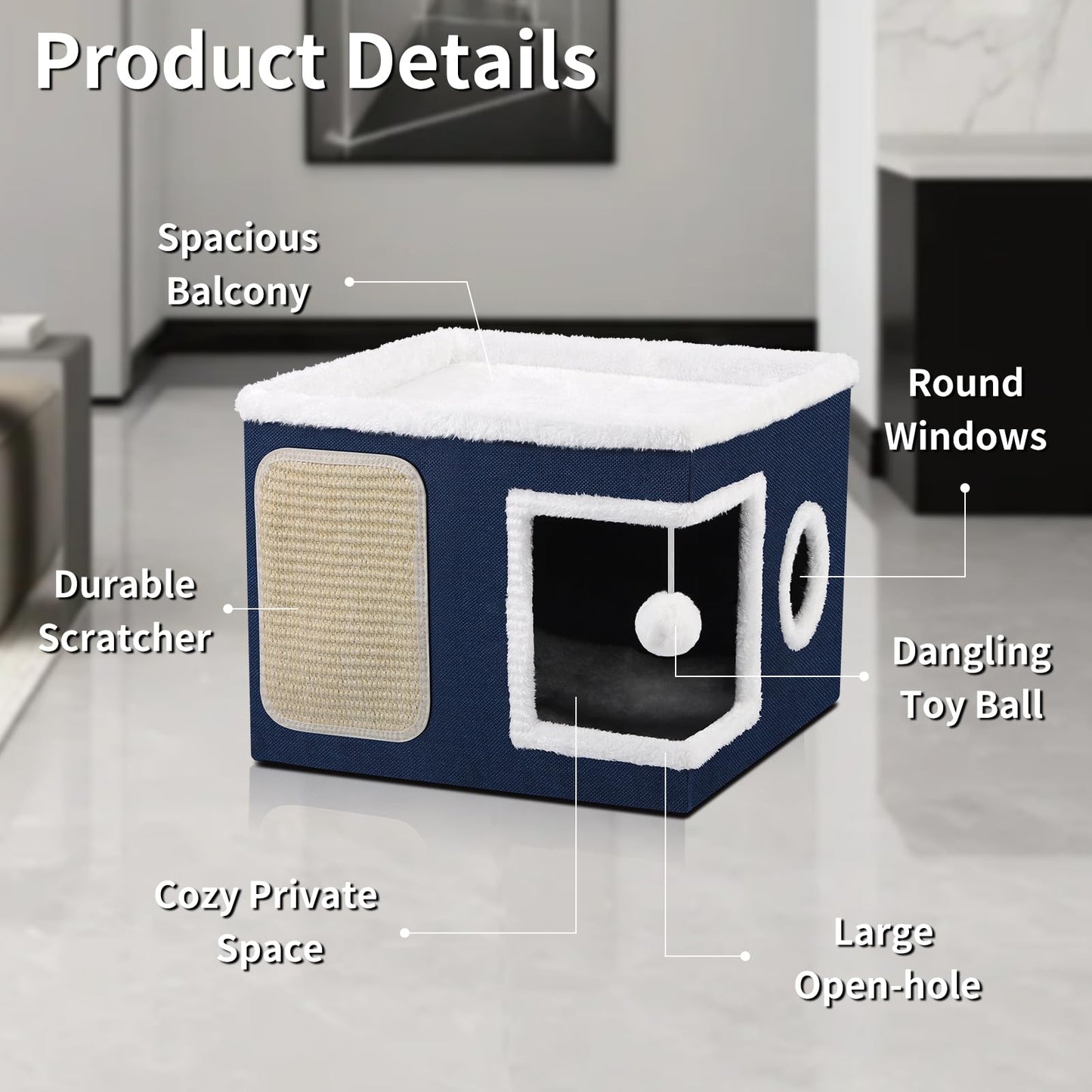 Faltbares Katzenhaus, mit Kratzbrett und Spielball, Katzenhaus Höhle für kleine und mittlere Haustiere 