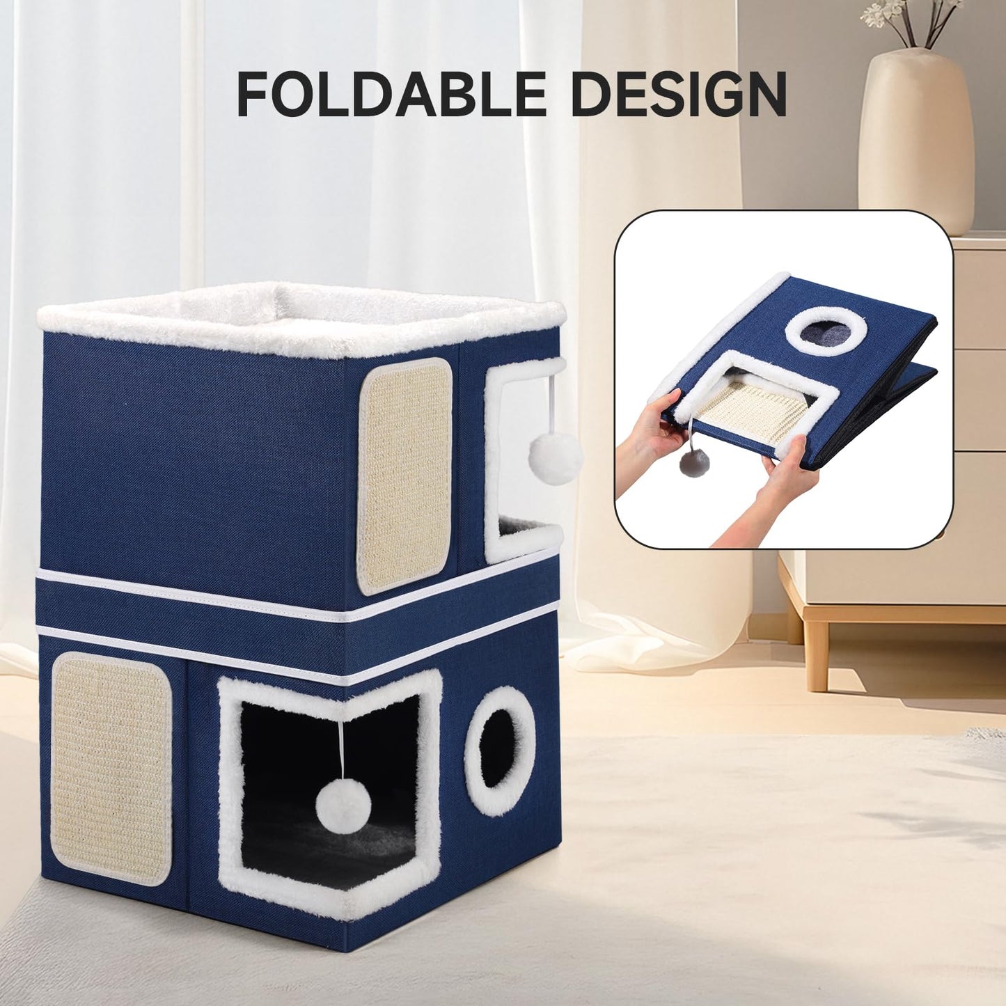 Faltbares Katzenhaus, mit Kratzbrett und Spielball, Katzenhaus Höhle für kleine und mittlere Haustiere 