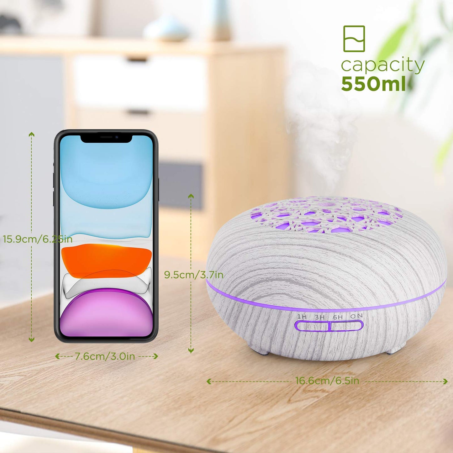 Aroma Diffuser Luftbefeuchter 550ml mit Fernbedienung, Ultraschall Vernebler Duftlampe Öl Diffusor mit 7 Farben LED 