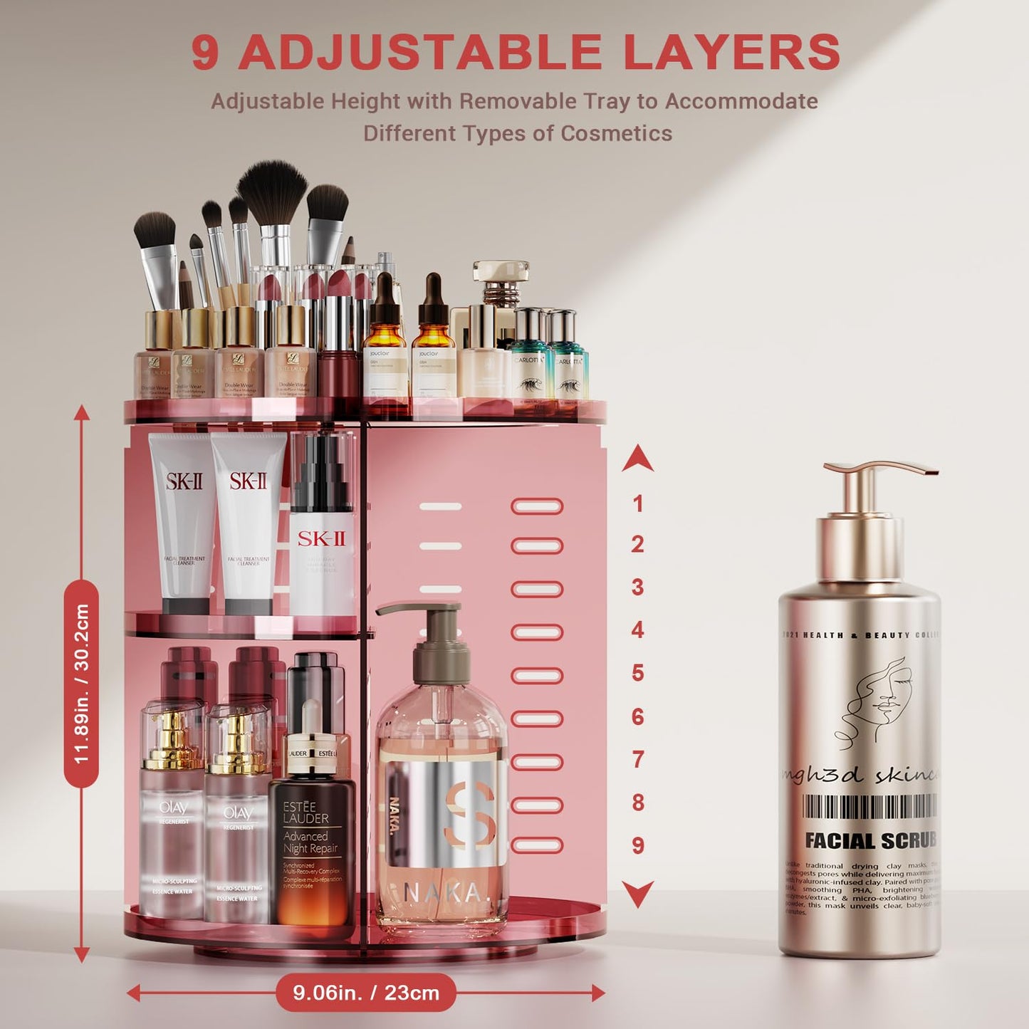 Auxmir Schminktisch Organizer mit 9 einstellbaren Stufen, Make Up Organizer 360° Drehbar, Extra Größer Kosmetik Hautpflege Organisieren 